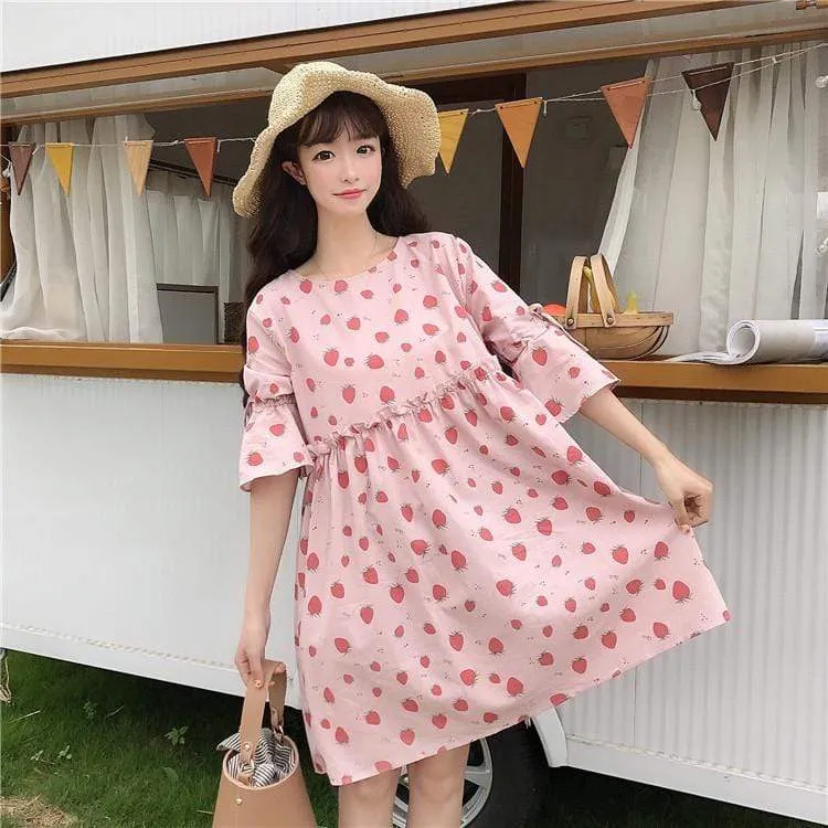 Kawaii Strawberry Printed A-line Dress