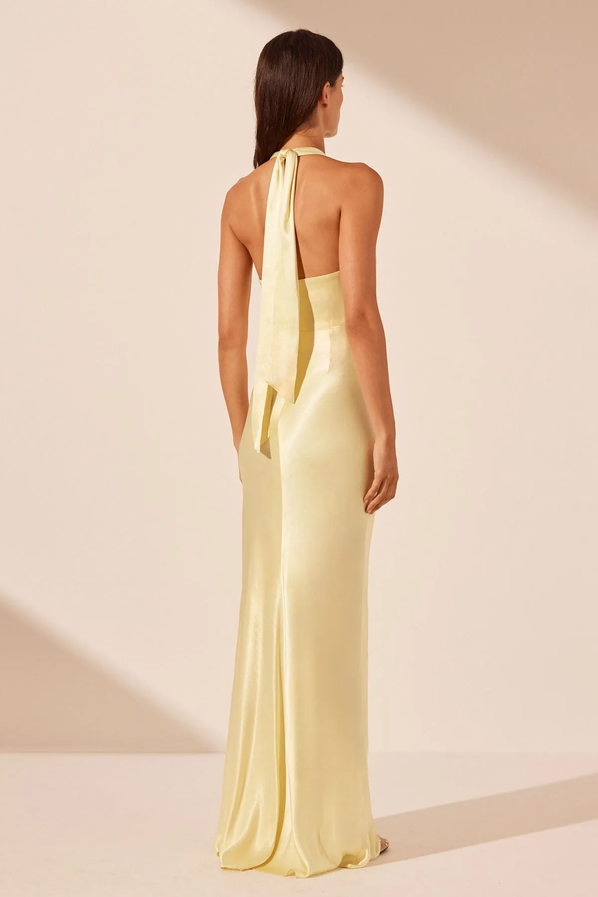 LA LUNE RUCHED HALTER MAXI DRESS - LEMON