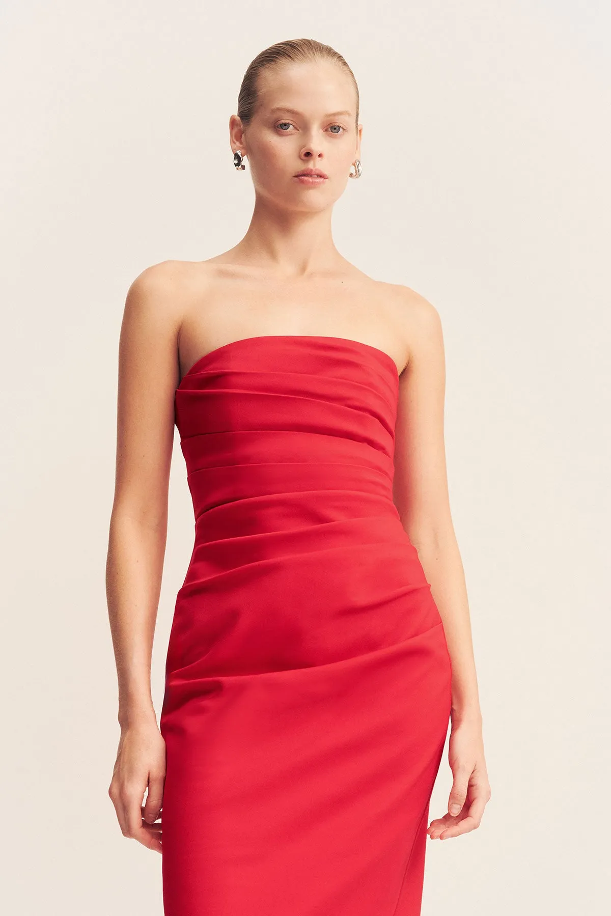 LANI STRAPLESS DRAPED MAXI DRESS - CHILLI