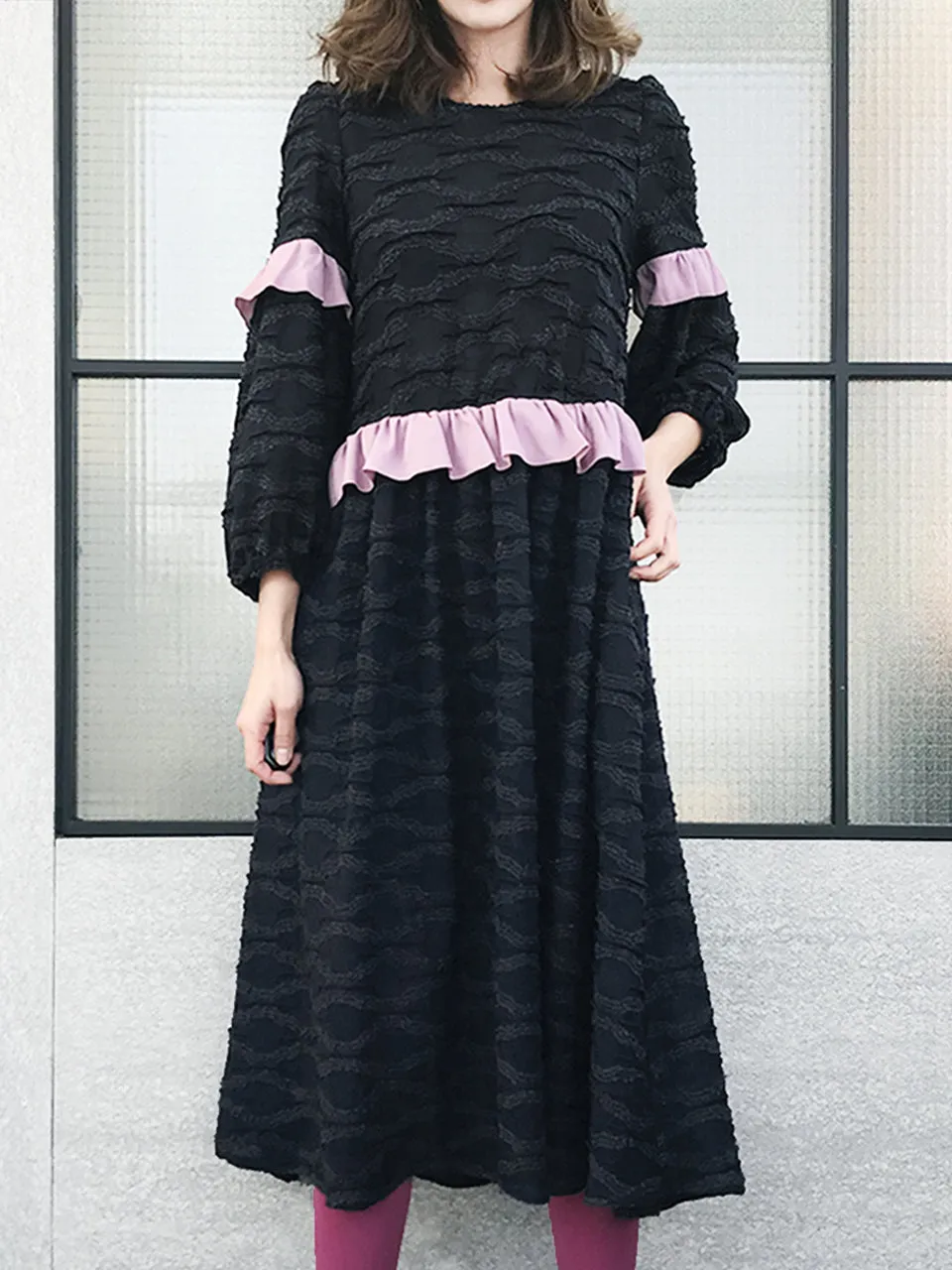 Last Chance! Textured Knit Blousy Sleeves Ruffle Dress