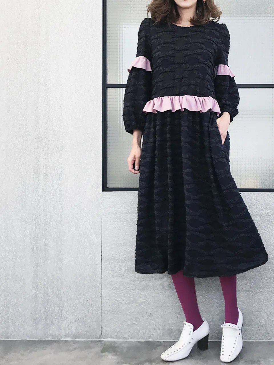 Last Chance! Textured Knit Blousy Sleeves Ruffle Dress