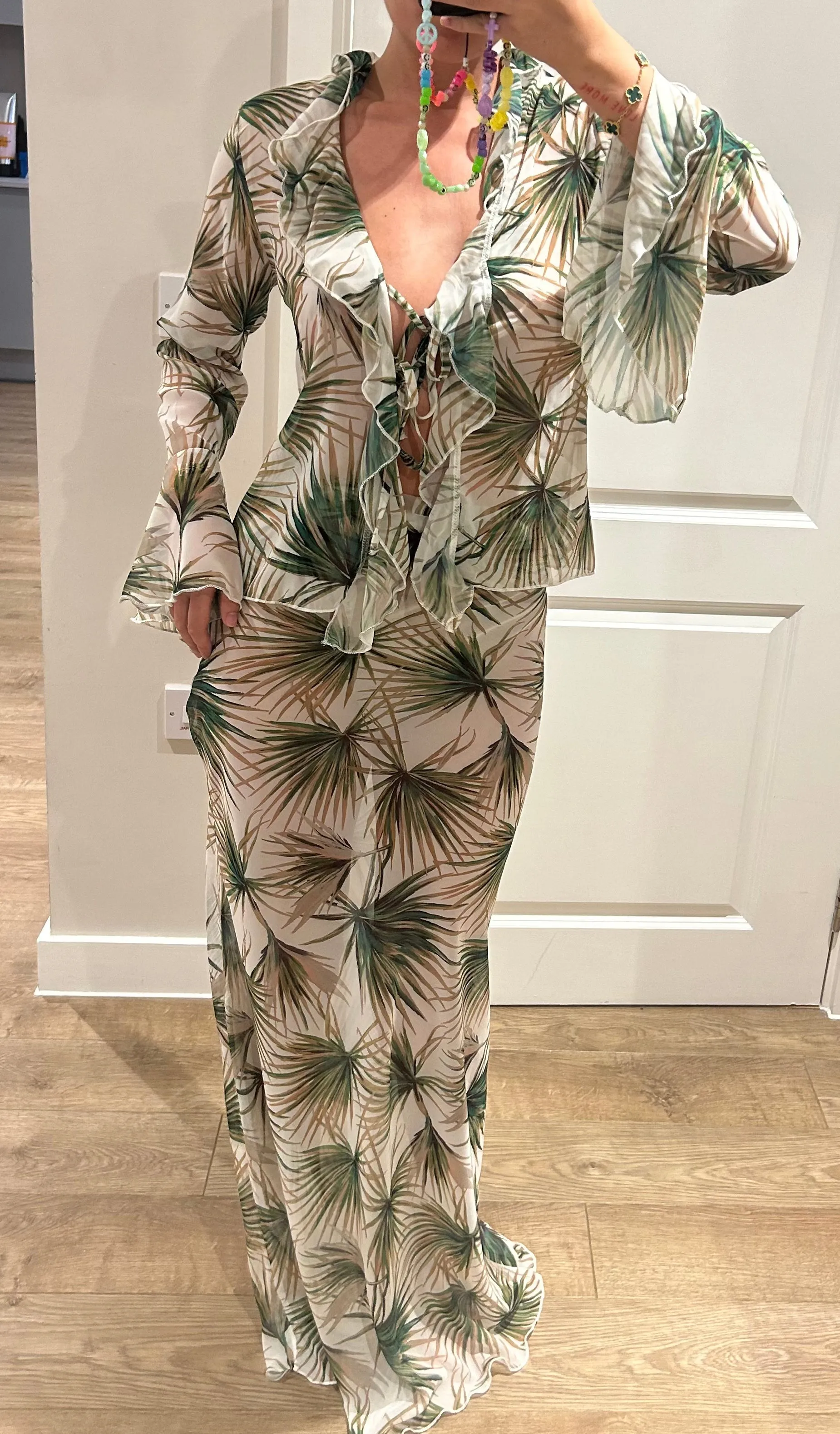 Leaf Palm Tree Chiffon Shirt and Maxi Skirt