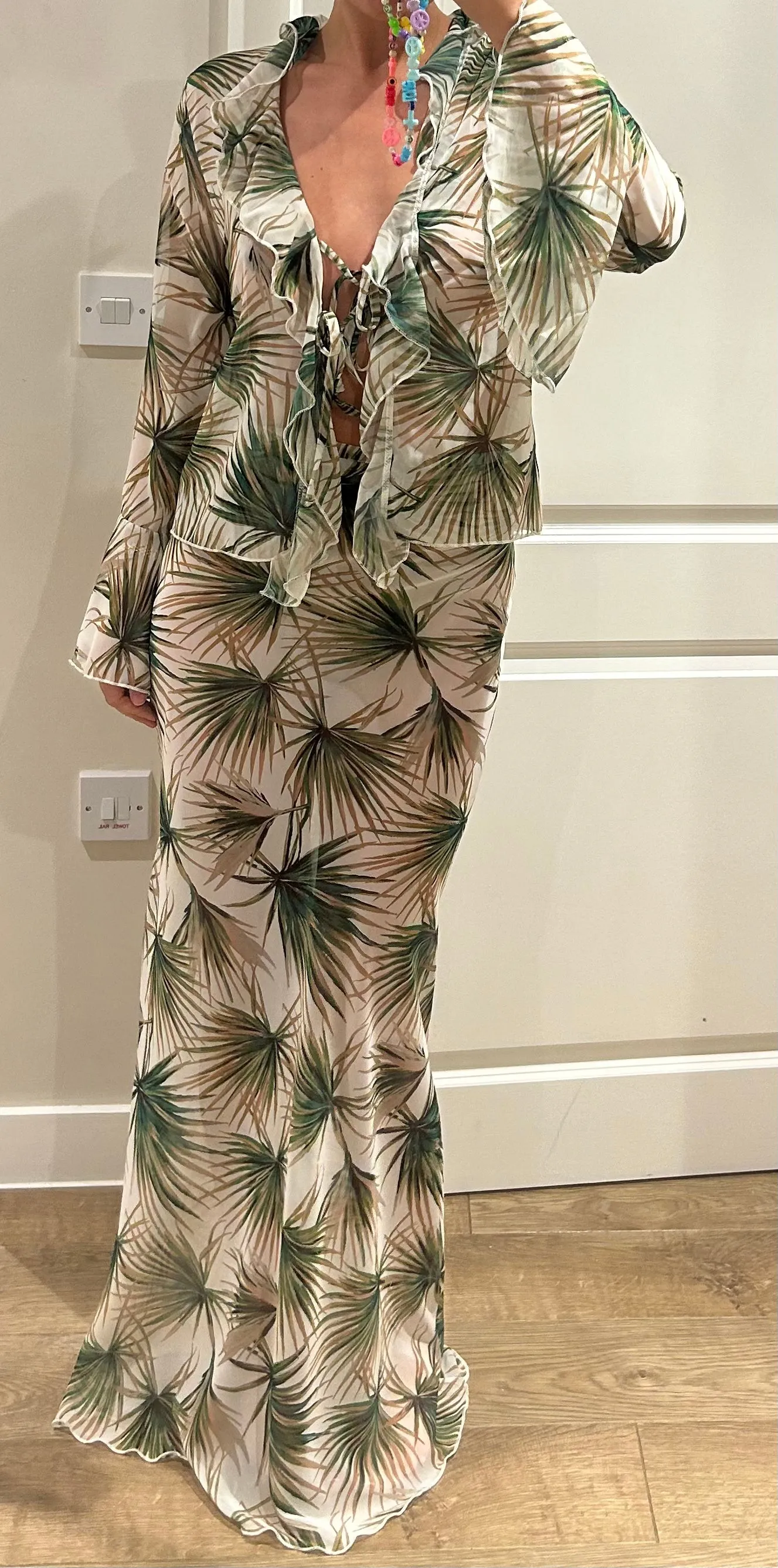 Leaf Palm Tree Chiffon Shirt and Maxi Skirt