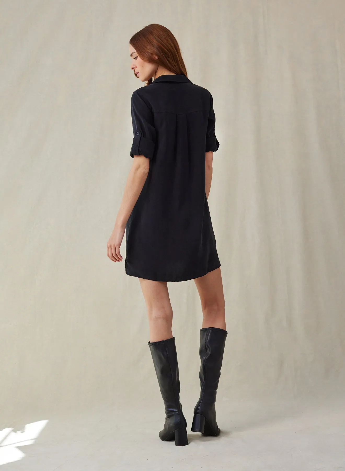 Long Sleeve A-Line Shirt Dress - Vintage Black