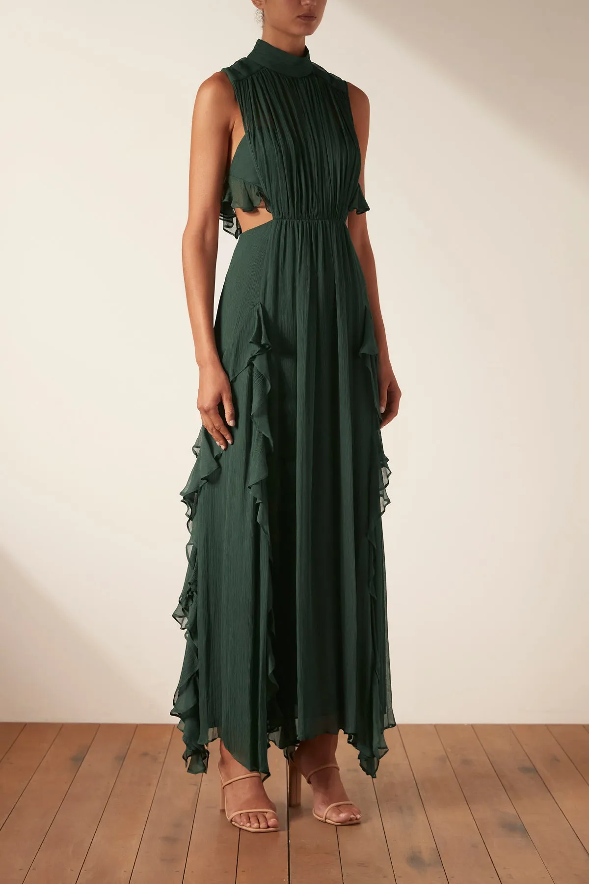 LÈONIE BACKLESS FRILL MAXI DRESS - ROSEMARY