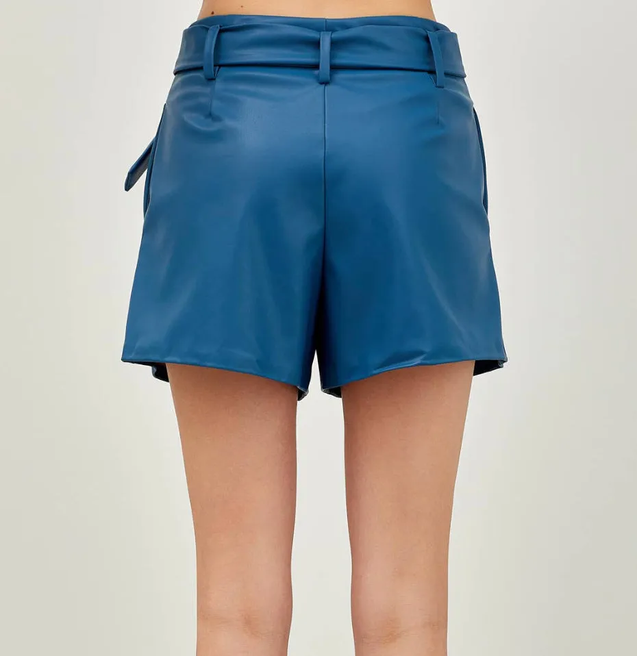 Mallard Blue Belted Vegan Leather Shorts