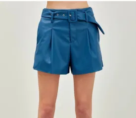 Mallard Blue Belted Vegan Leather Shorts