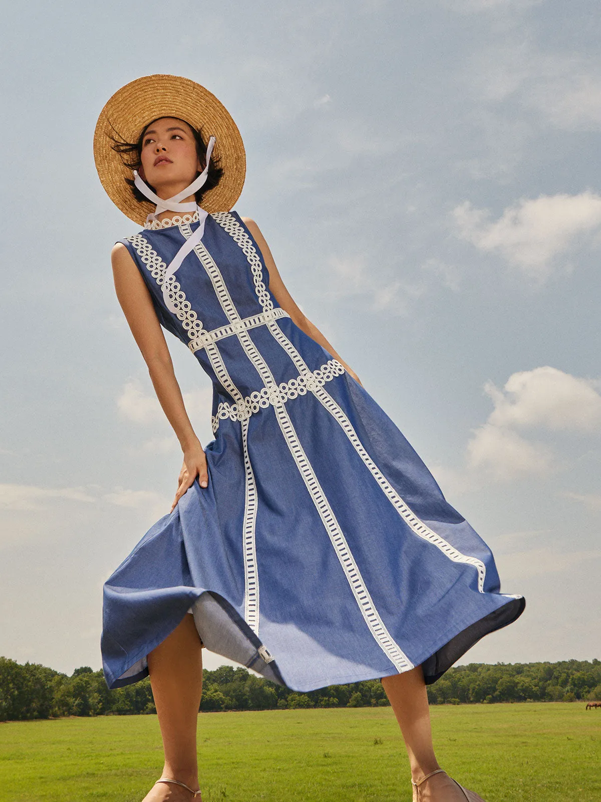 Maxi Fit & Flare Dress - Woven Eyelet Trim Cotton