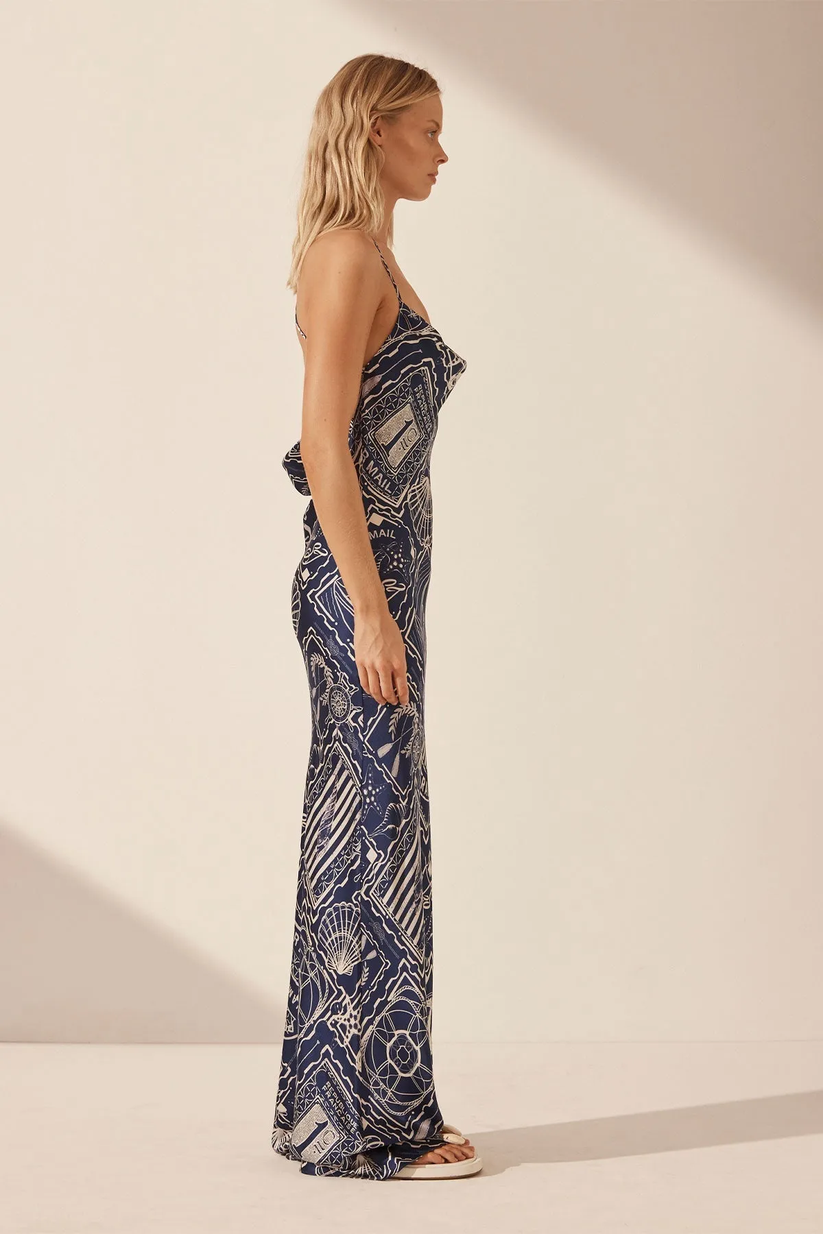 MER SILK DOUBLE COWL BIAS MAXI DRESS