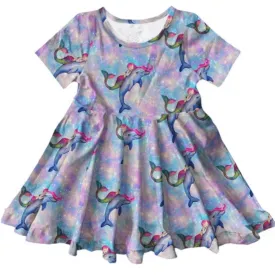 Mermaid and Dolphin Short Sleeve Twirl Dress