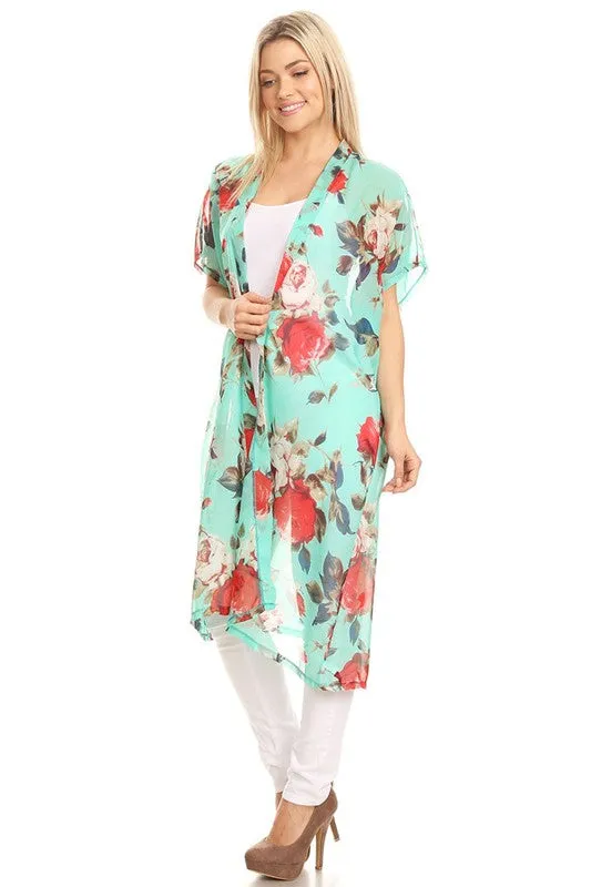 Mint Floral Chiffon Kimono-One Size