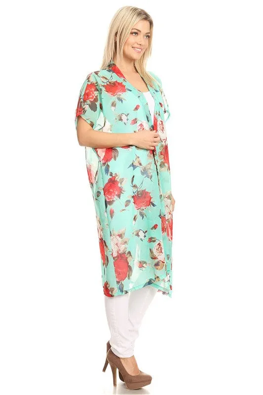 Mint Floral Chiffon Kimono-One Size