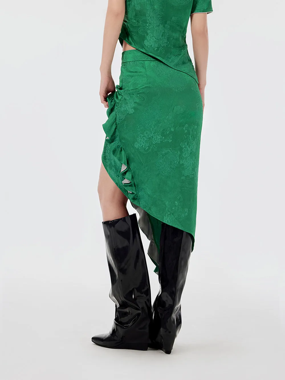 MUKZIN Green Irregular Lace Slim Midi Skirt