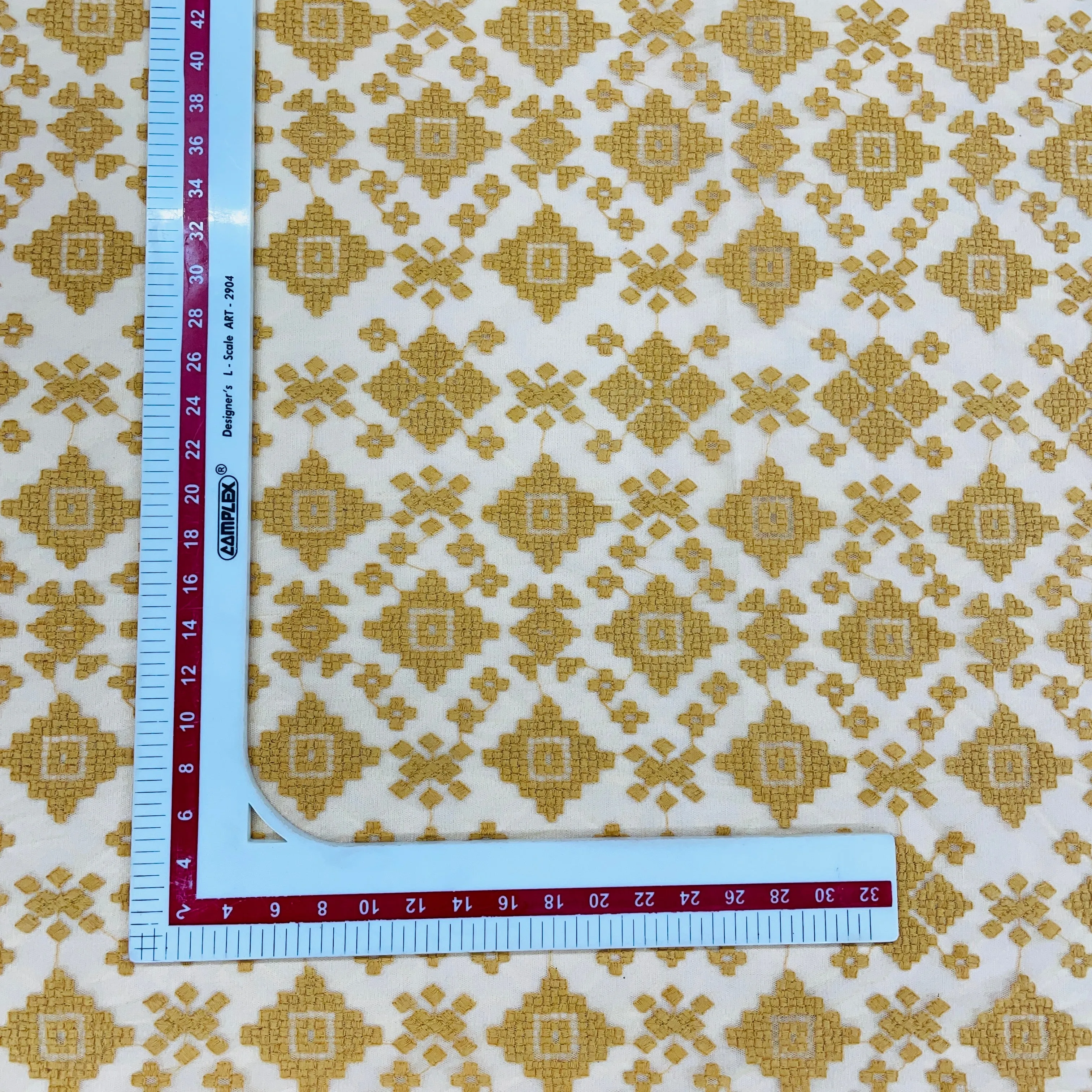 Mustard Yellow Geometrical Embroidery Lace Fabric