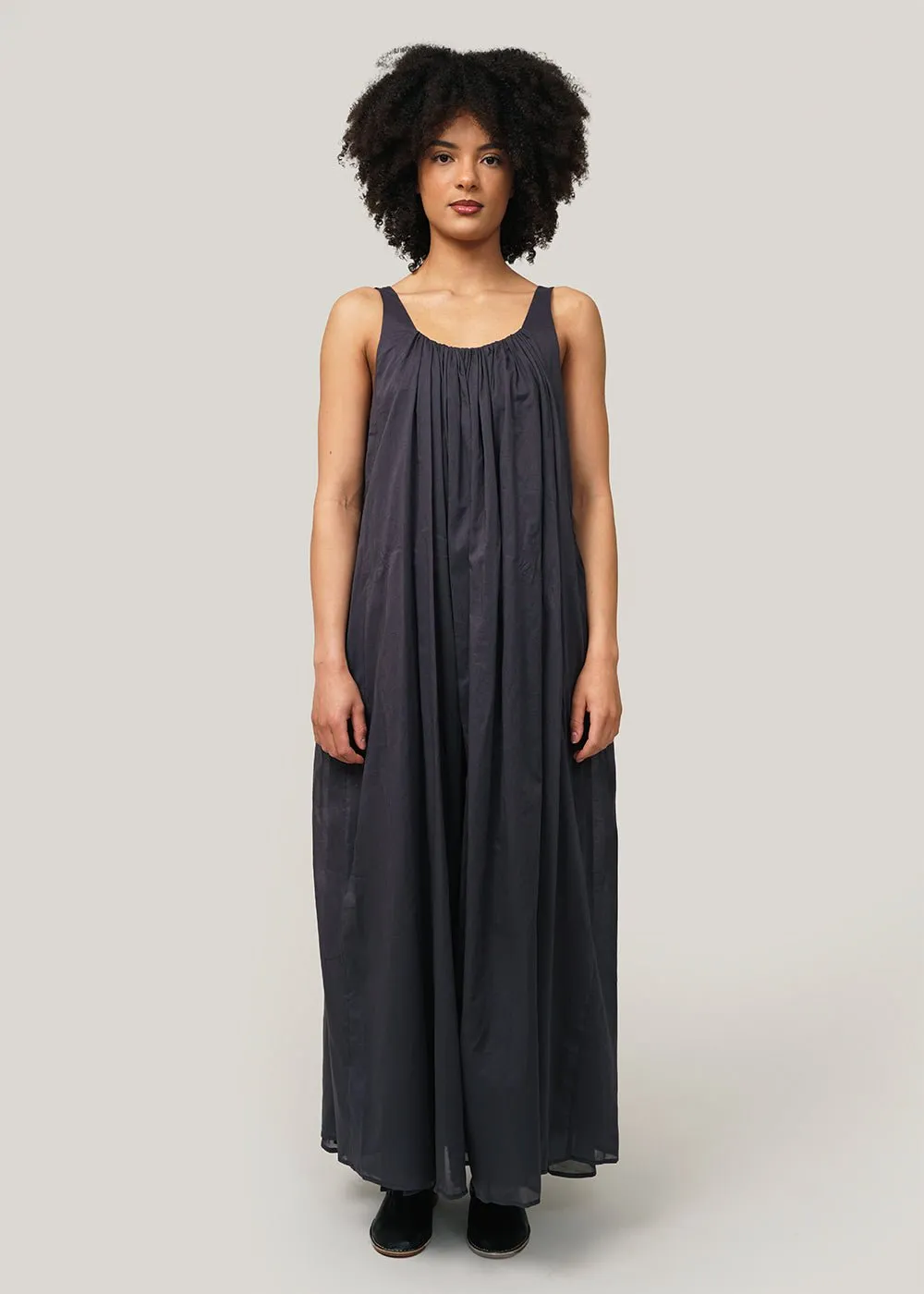 Navy Neck Shirring Sheer Long Dress