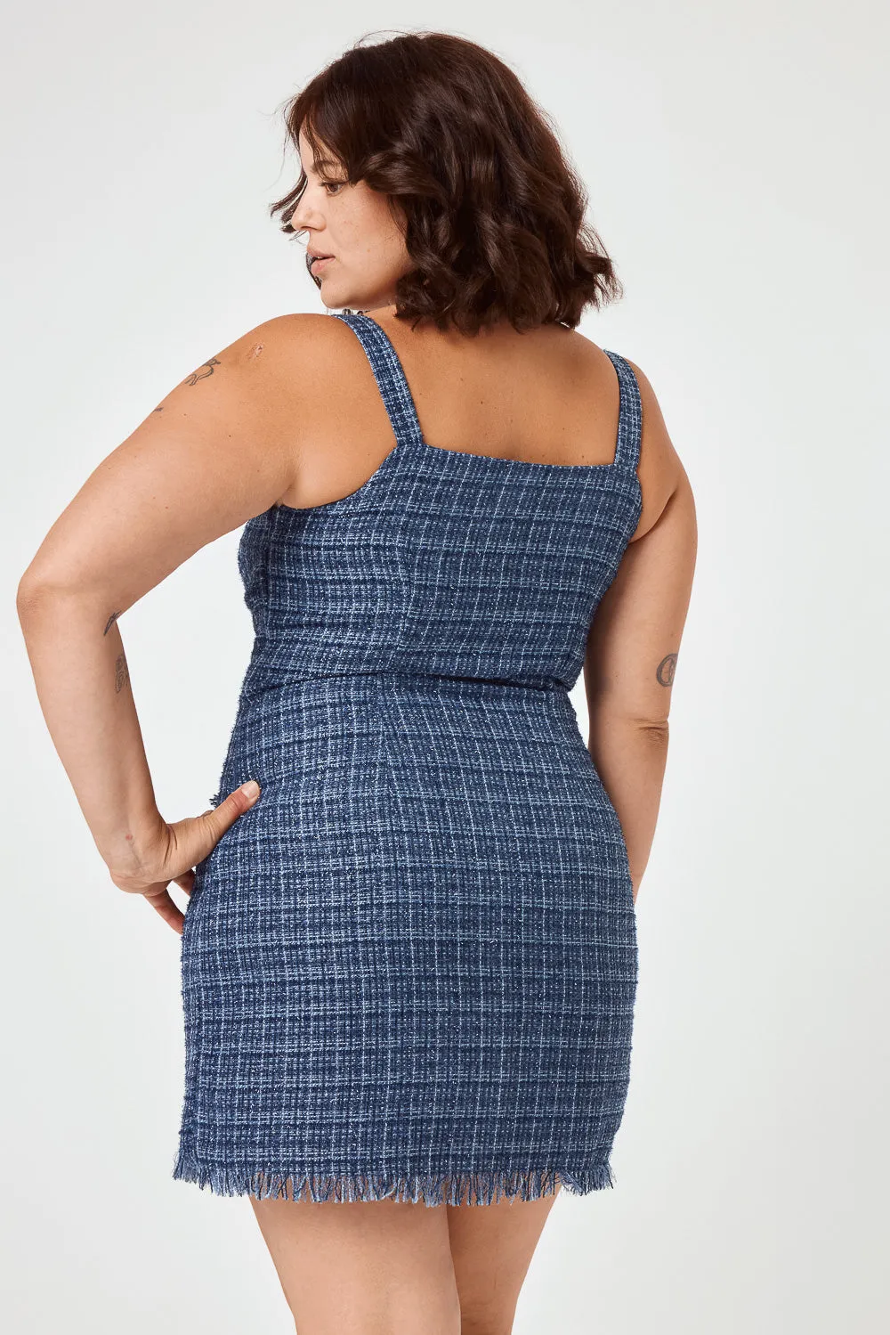 Navy Tweed Button Front Pencil Dress