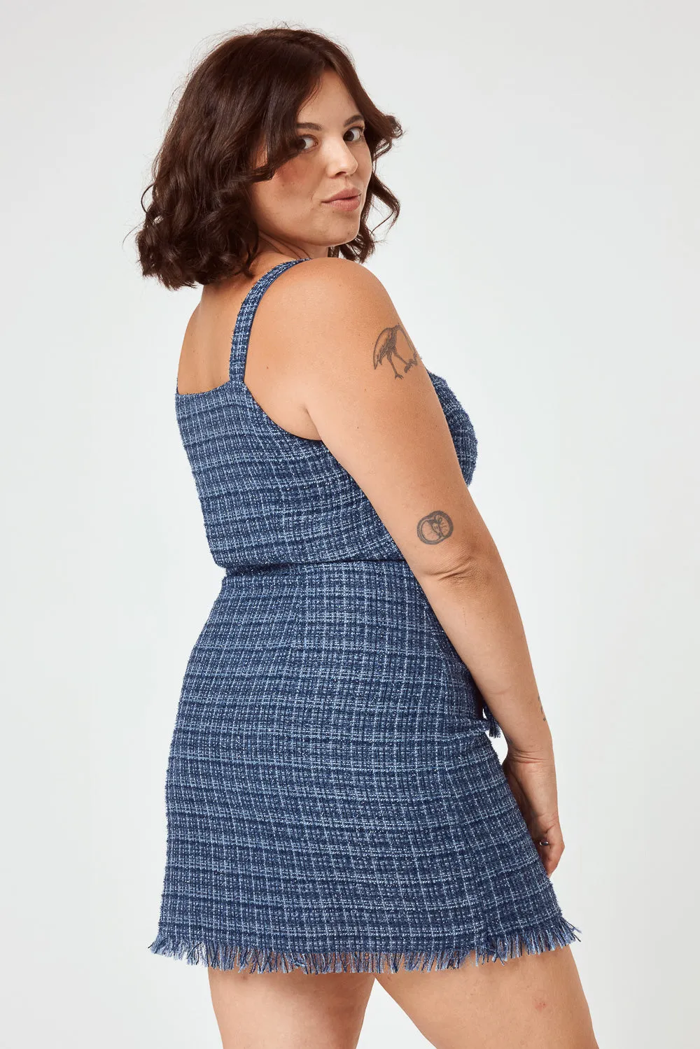 Navy Tweed Button Front Pencil Dress