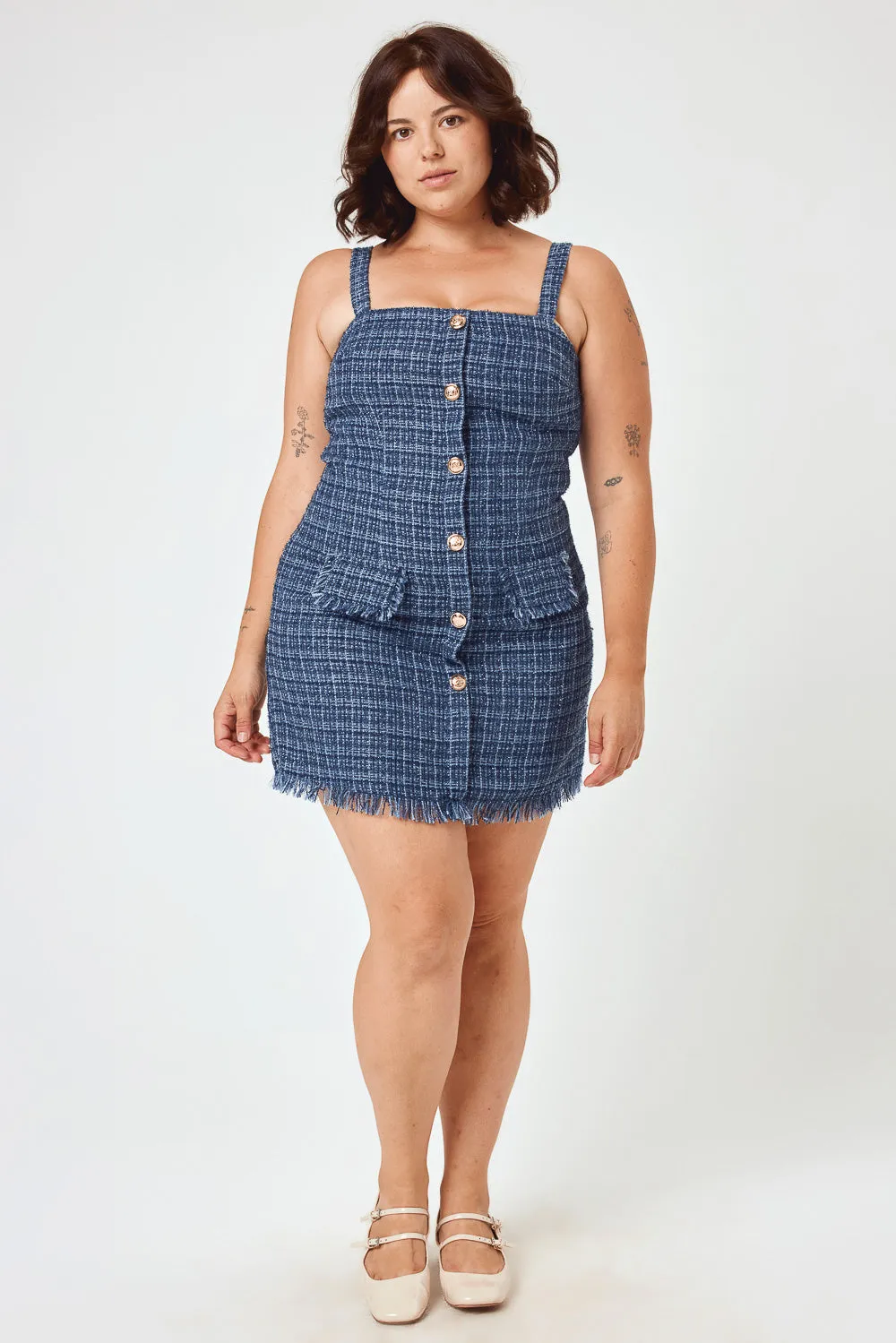 Navy Tweed Button Front Pencil Dress