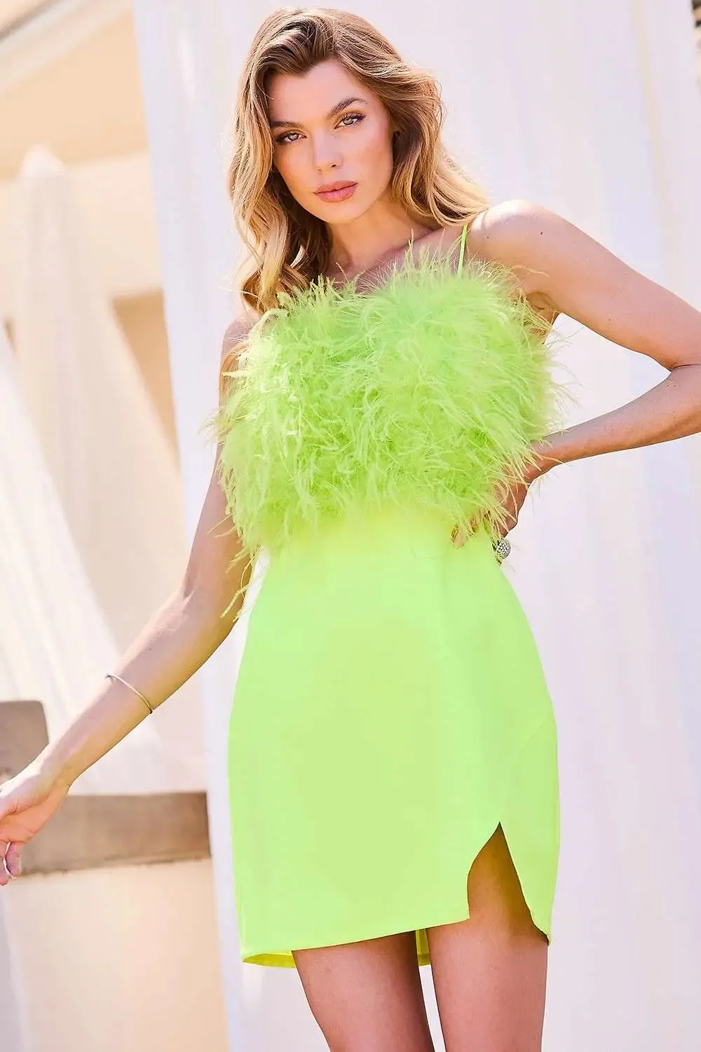 Neon Yellow Feather Mini Dress