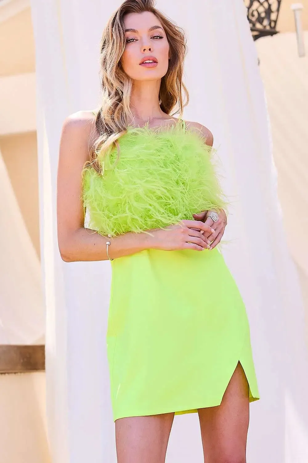 Neon Yellow Feather Mini Dress