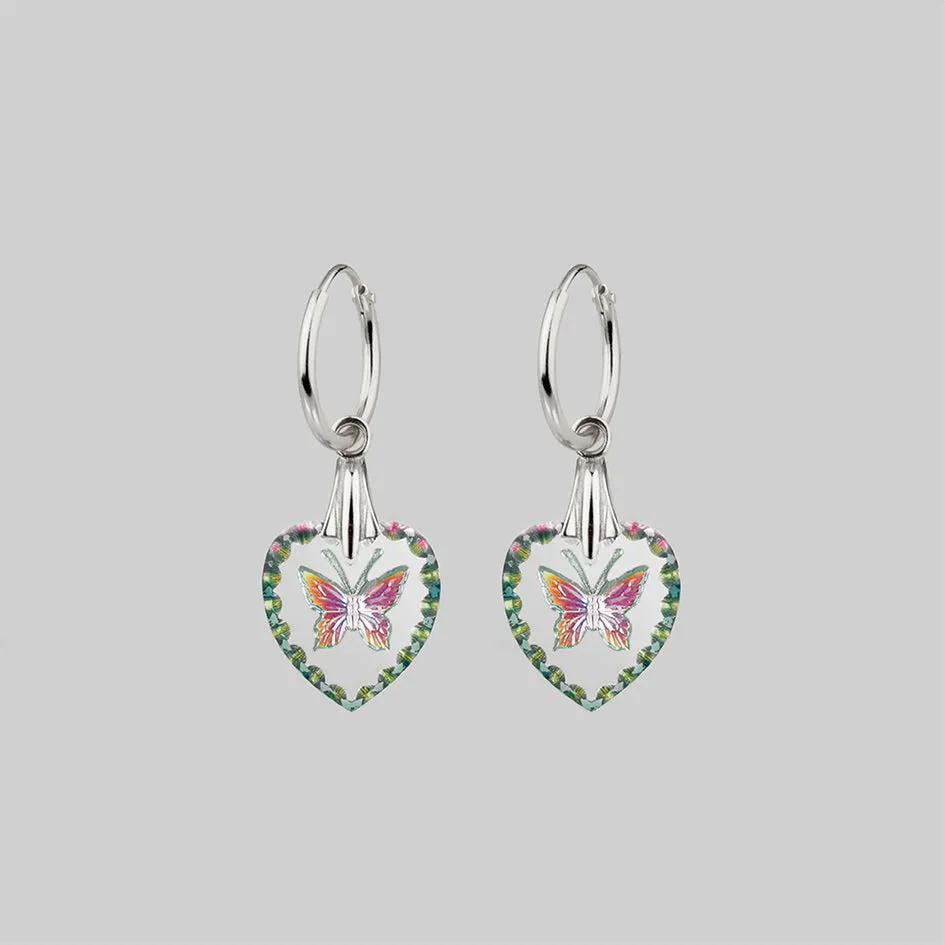 NEW DAWN. Butterfly Glass Heart Hoop Earrings - Silver