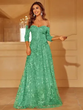 Off Shoulder Sequin Embroidered A Line Prom Dress