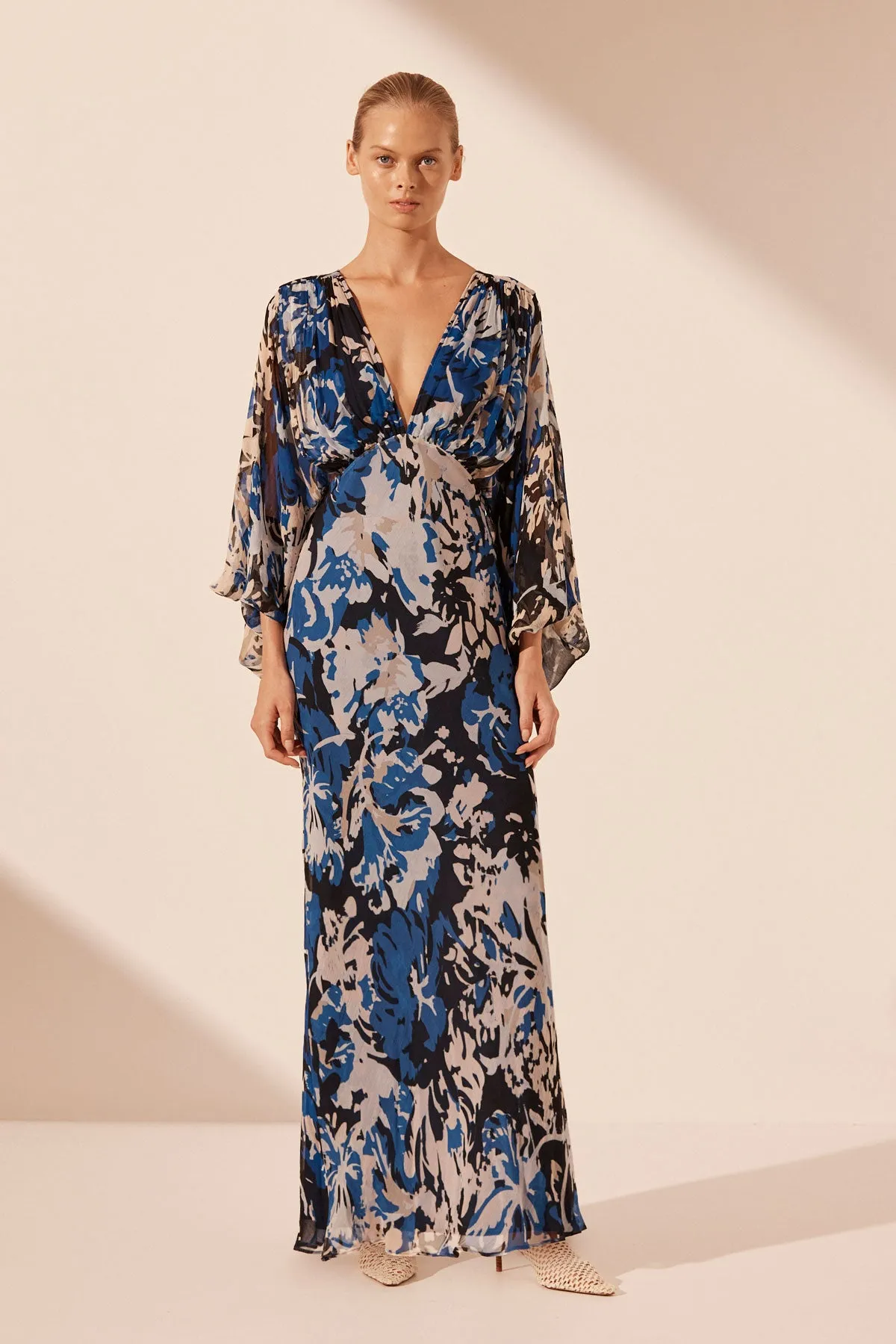 OLEA PLUNGE BALLOON SLEEVE MAXI DRESS