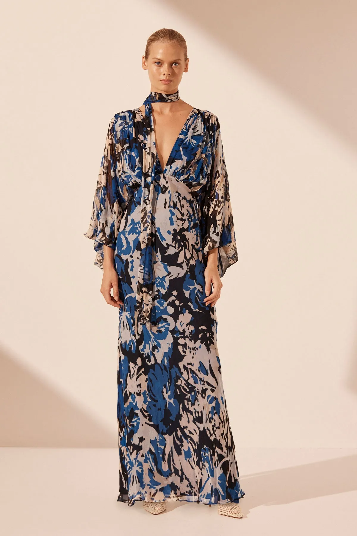 OLEA PLUNGE BALLOON SLEEVE MAXI DRESS