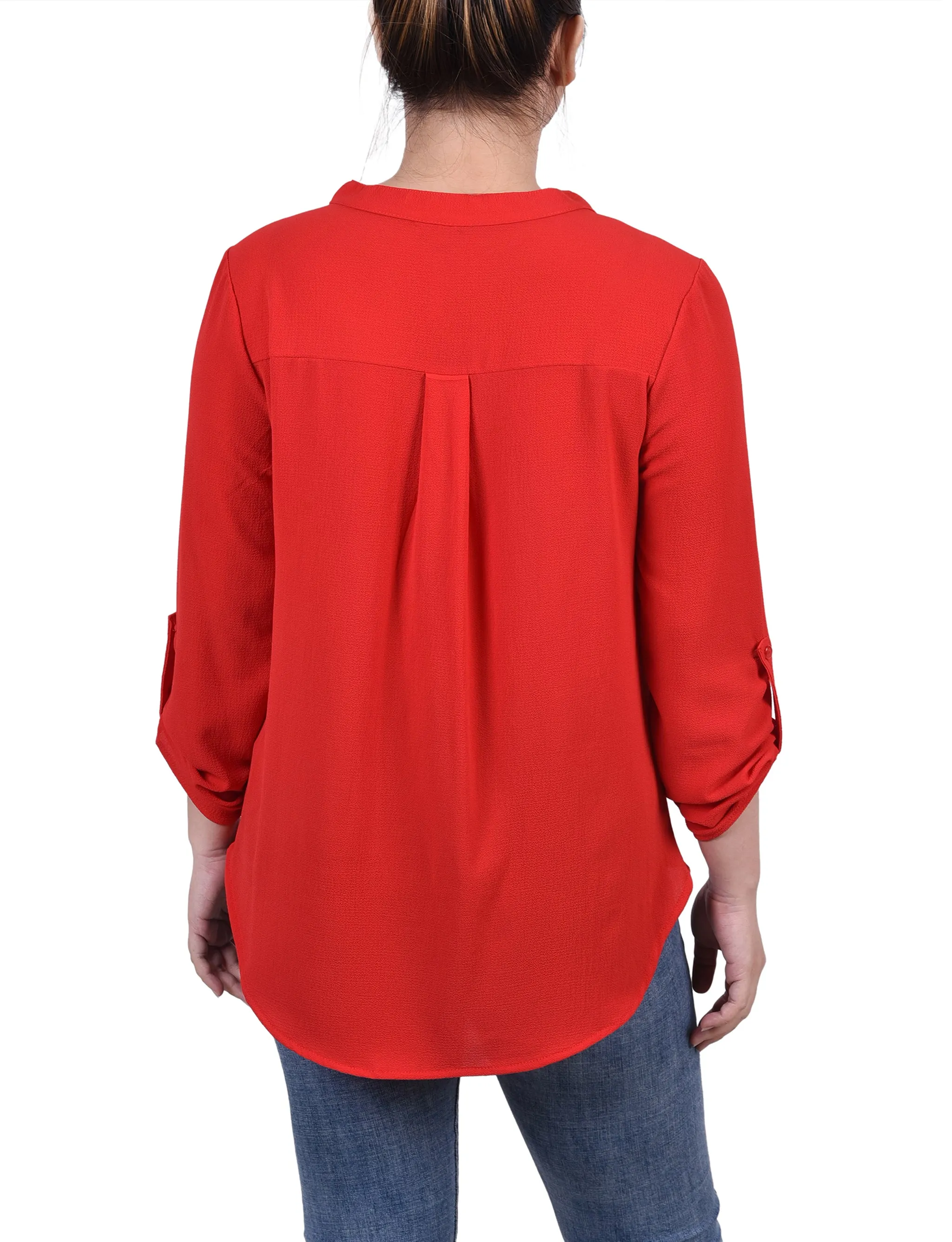 Petite 3/4 Sleeve Mandarin Collar Blouse With Front Pleats