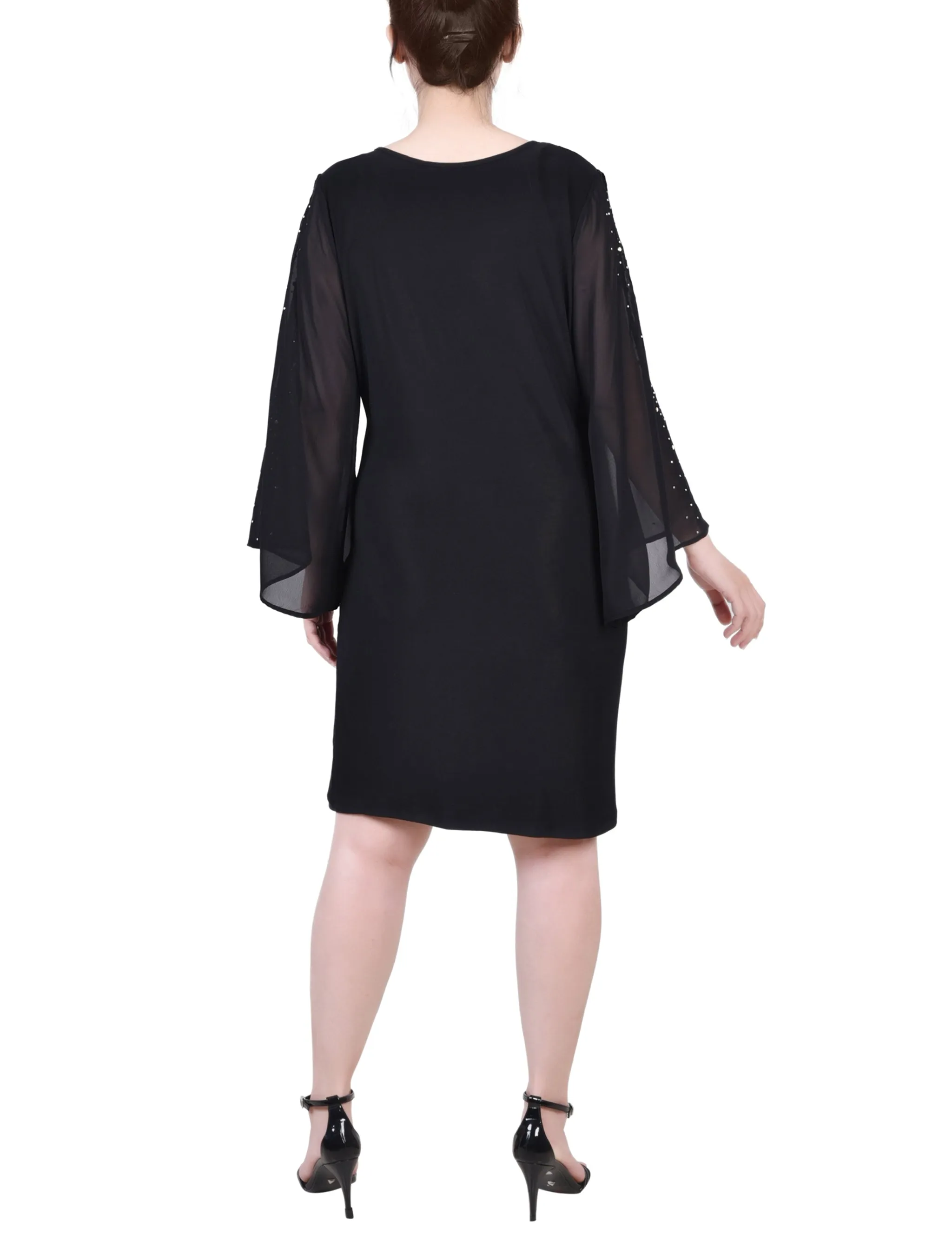 Petite Long Sleeve Surplice Dress With Cold Shoulder Studded Chiffon Sleeve