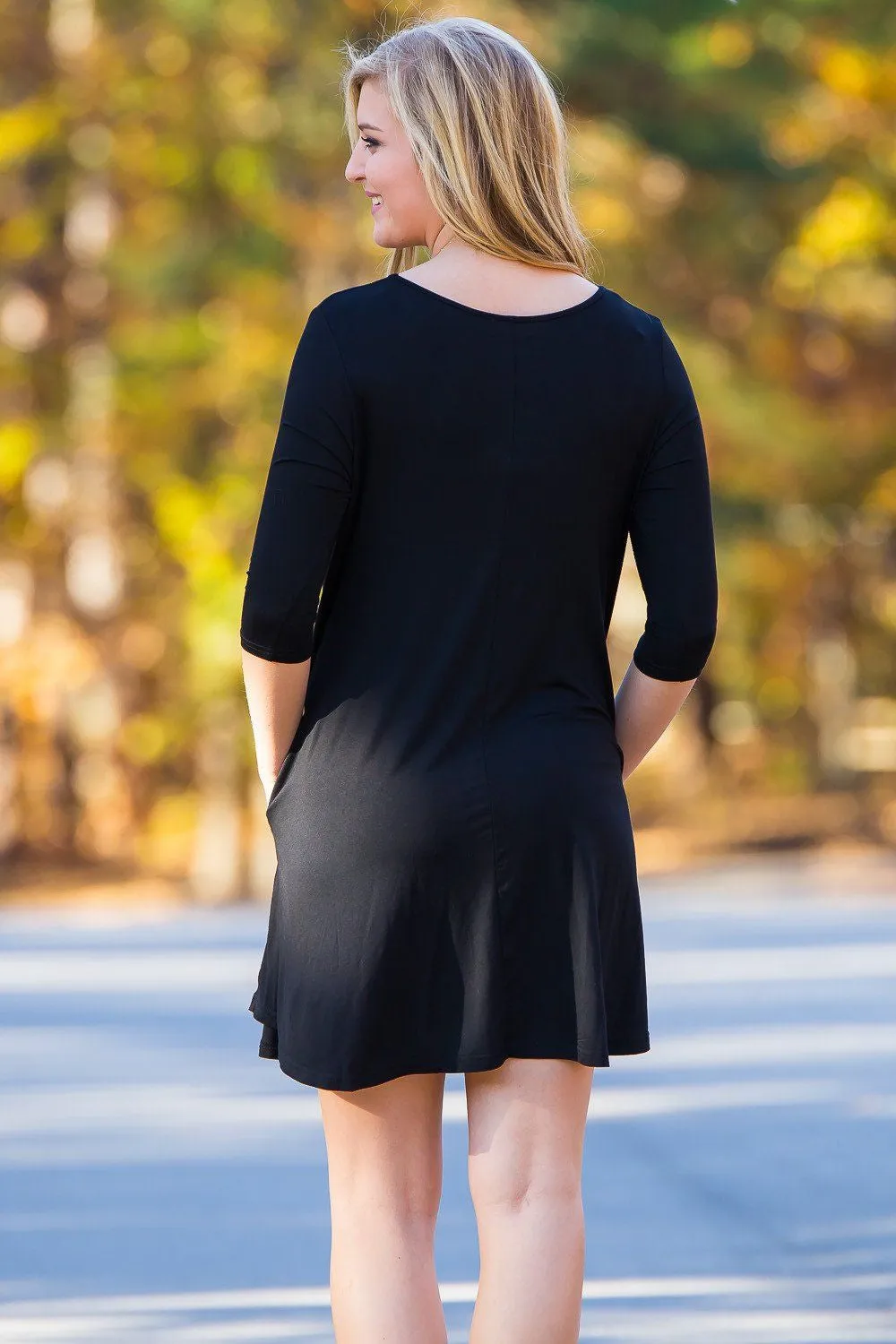 Piko 3/4 Sleeve Swing Dress - Black