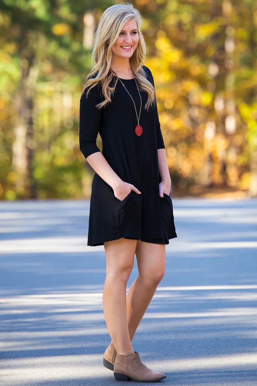 Piko 3/4 Sleeve Swing Dress - Black