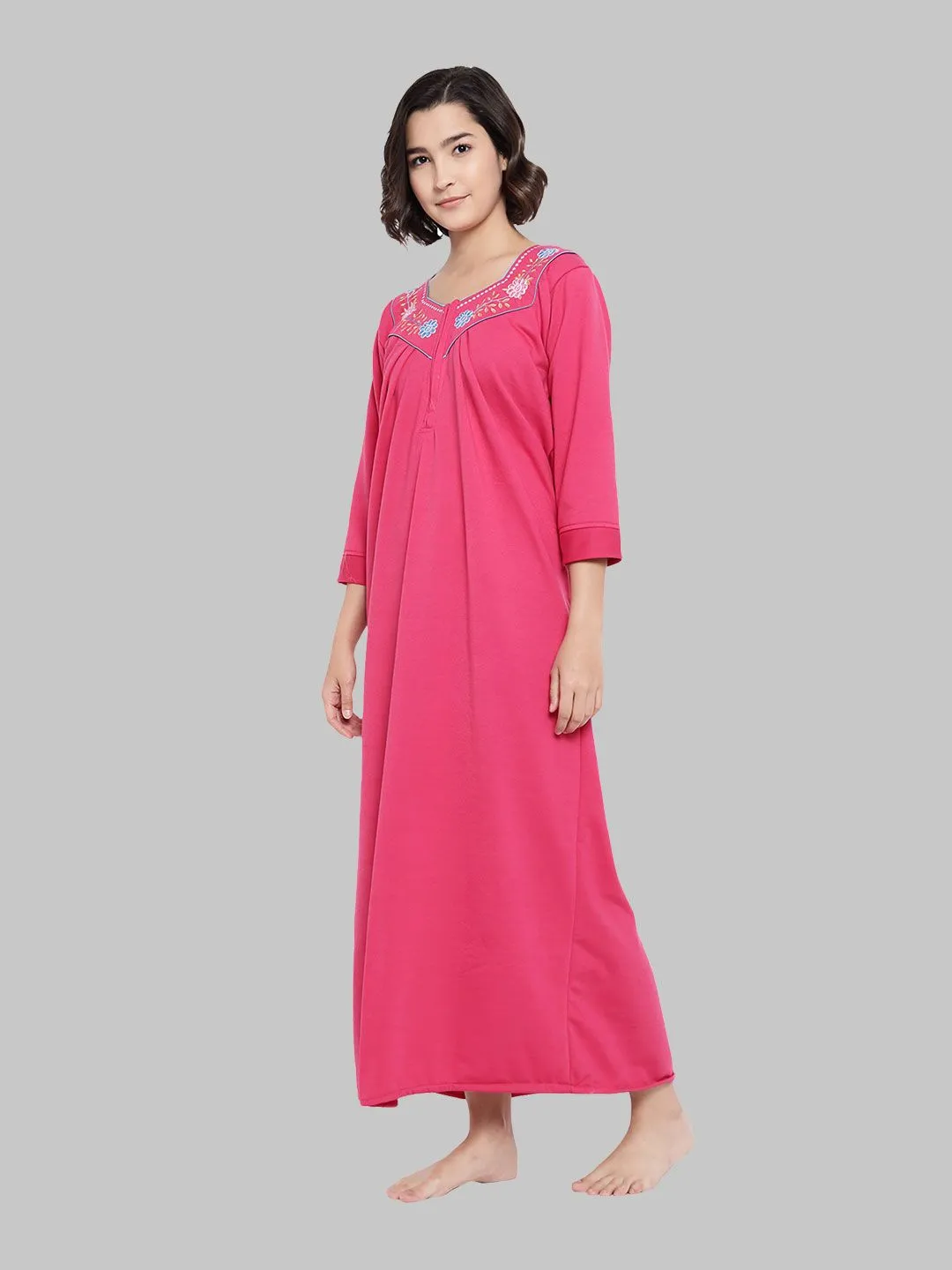 Pink Women's Solid Print Woolen Winter Nighty