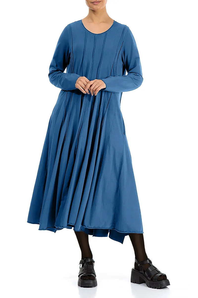 Pleated Flared Maxi Azure Cotton Dress