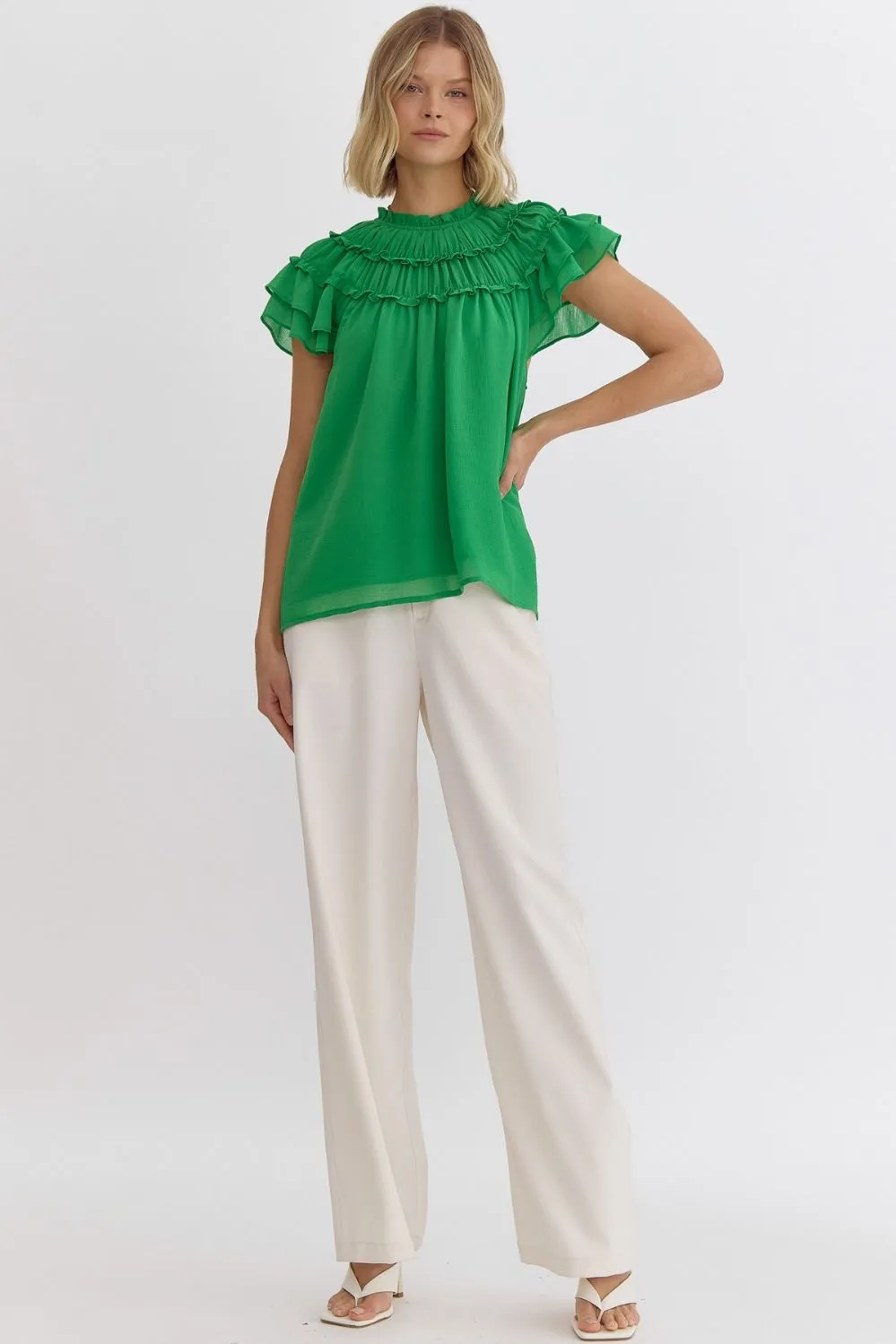 Pleated Ruffle Short Sleeve Top