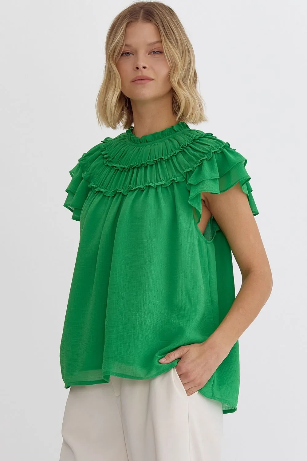 Pleated Ruffle Short Sleeve Top