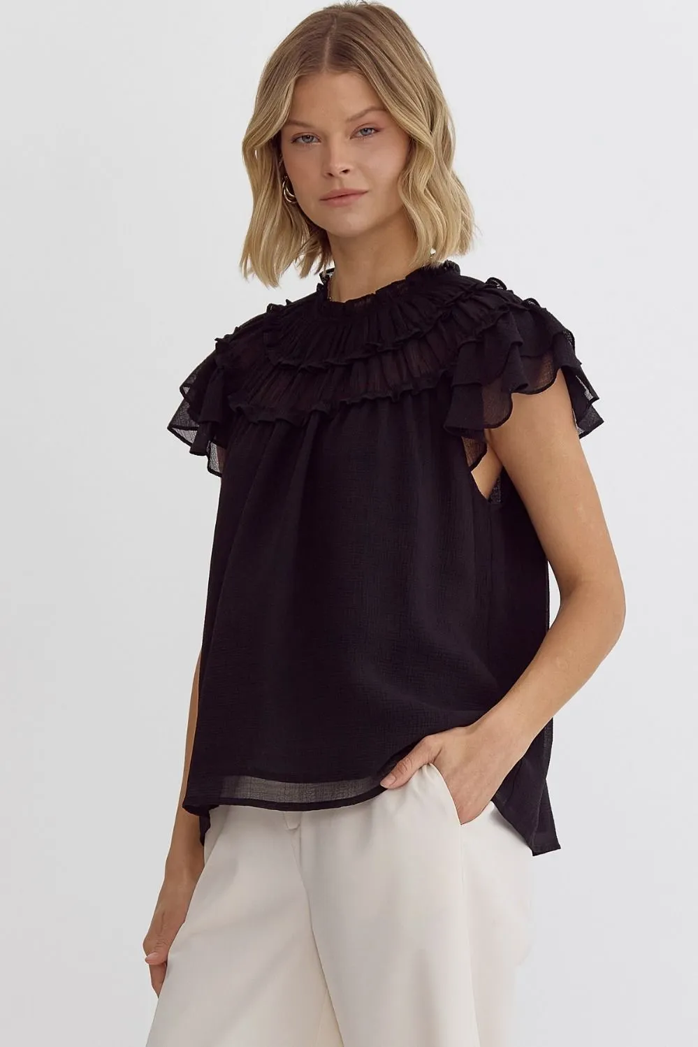 Pleated Ruffle Short Sleeve Top