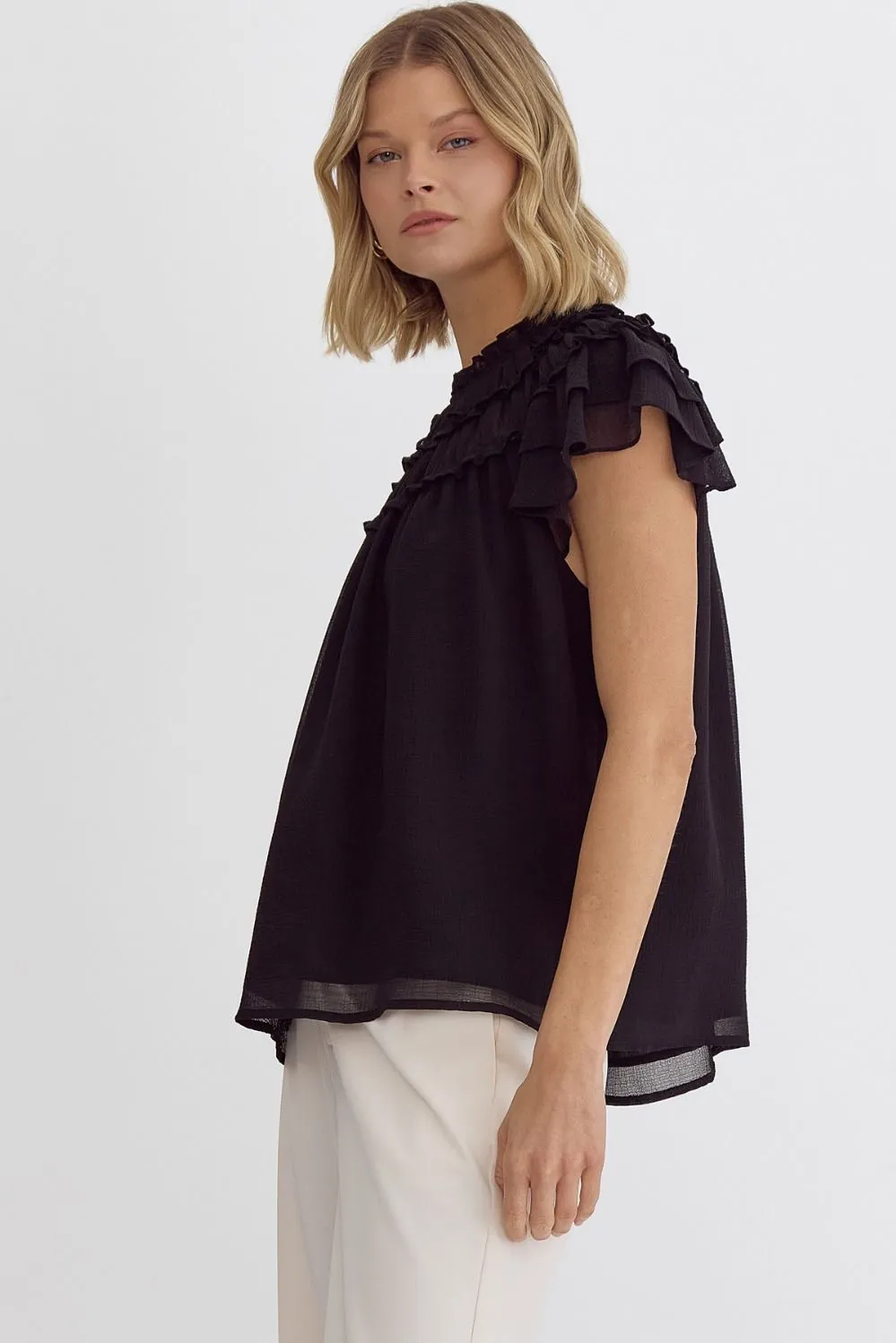 Pleated Ruffle Short Sleeve Top