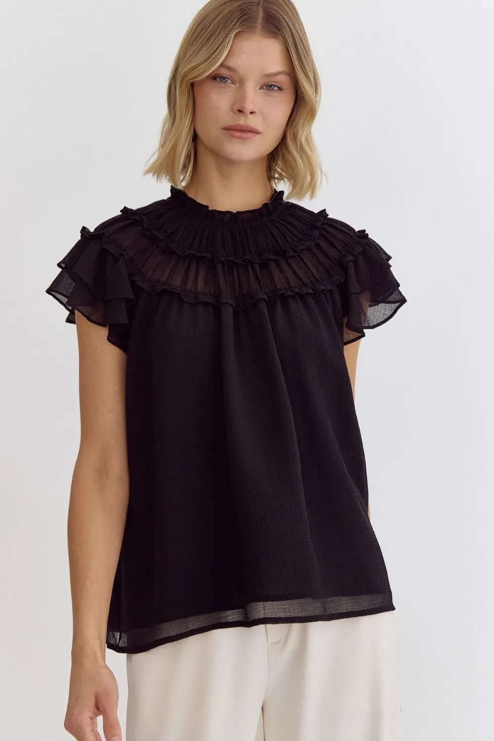 Pleated Ruffle Short Sleeve Top