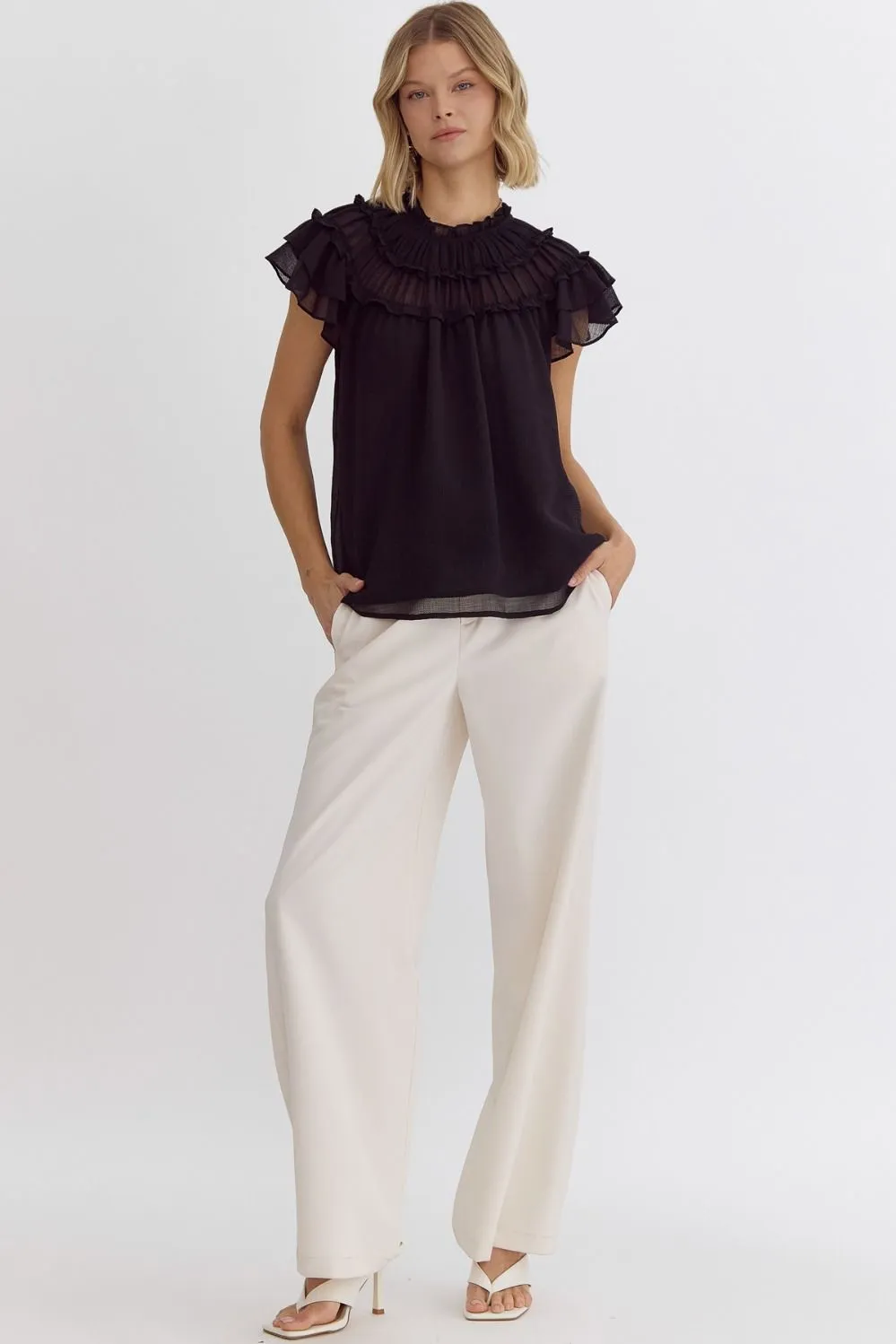 Pleated Ruffle Short Sleeve Top