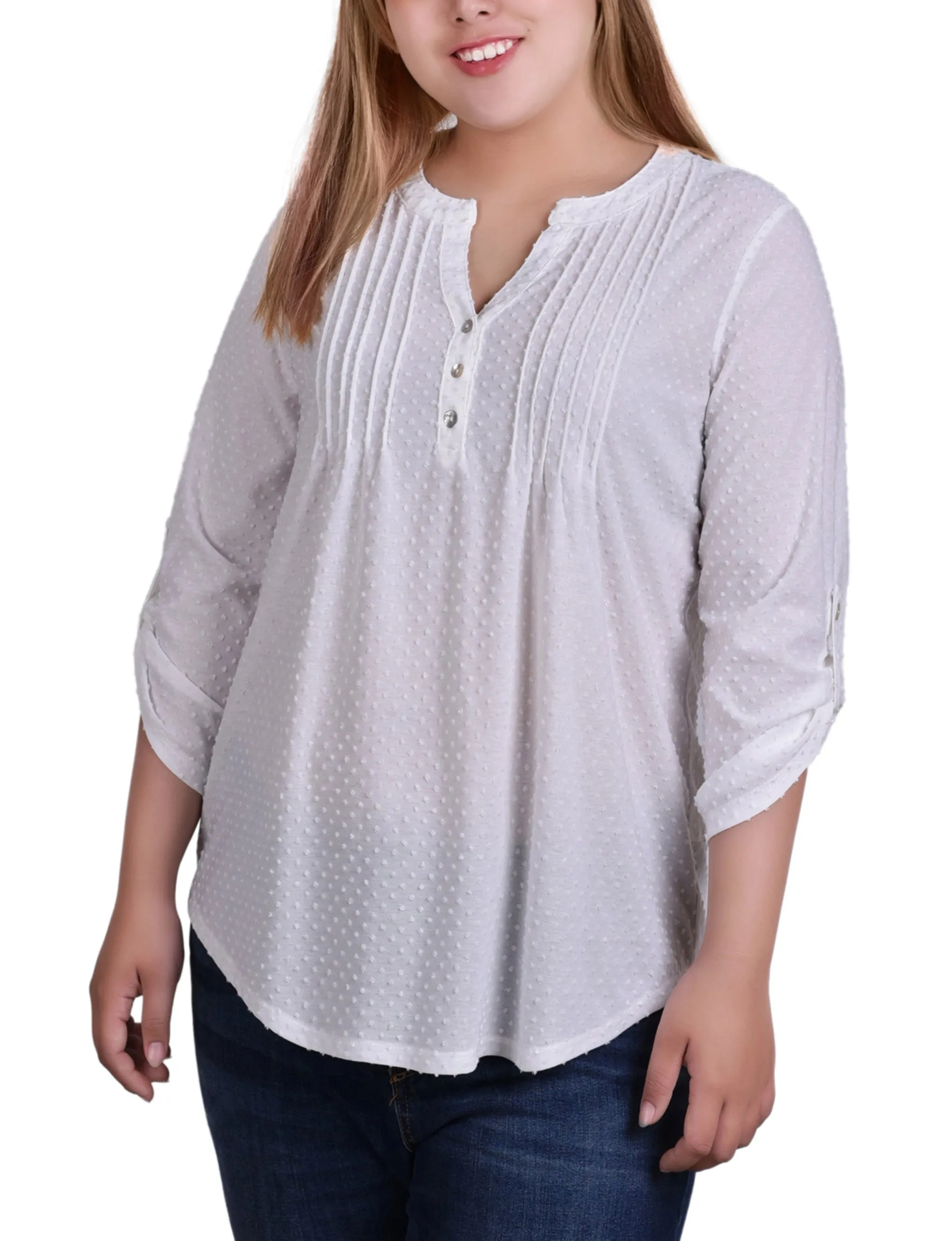 Plus Size 3/4 Tab Sleeve Y Neck Top