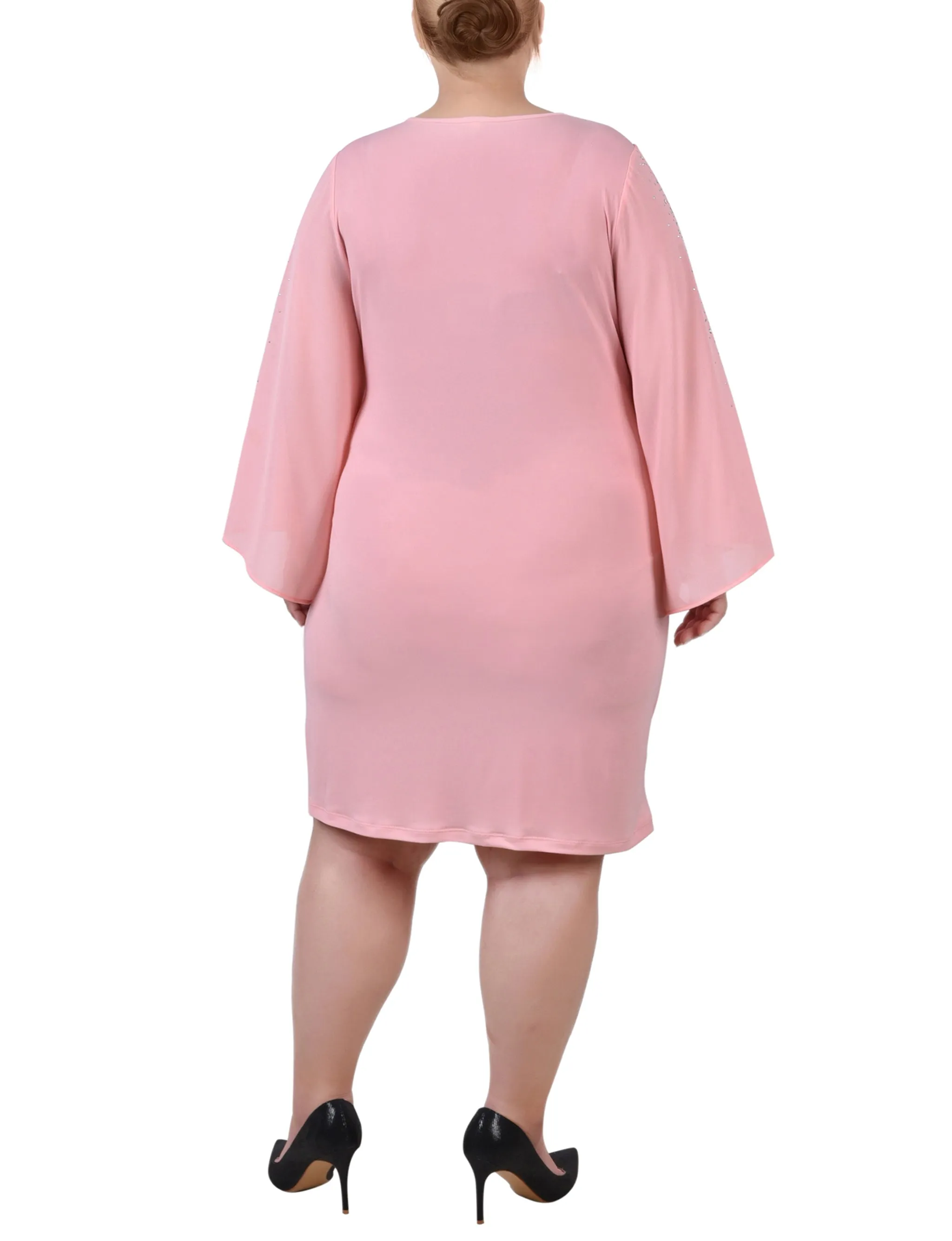 Plus Size Long Sleeve Surplice Dress With Cold Shoulder Studded Chiffon Sleeve