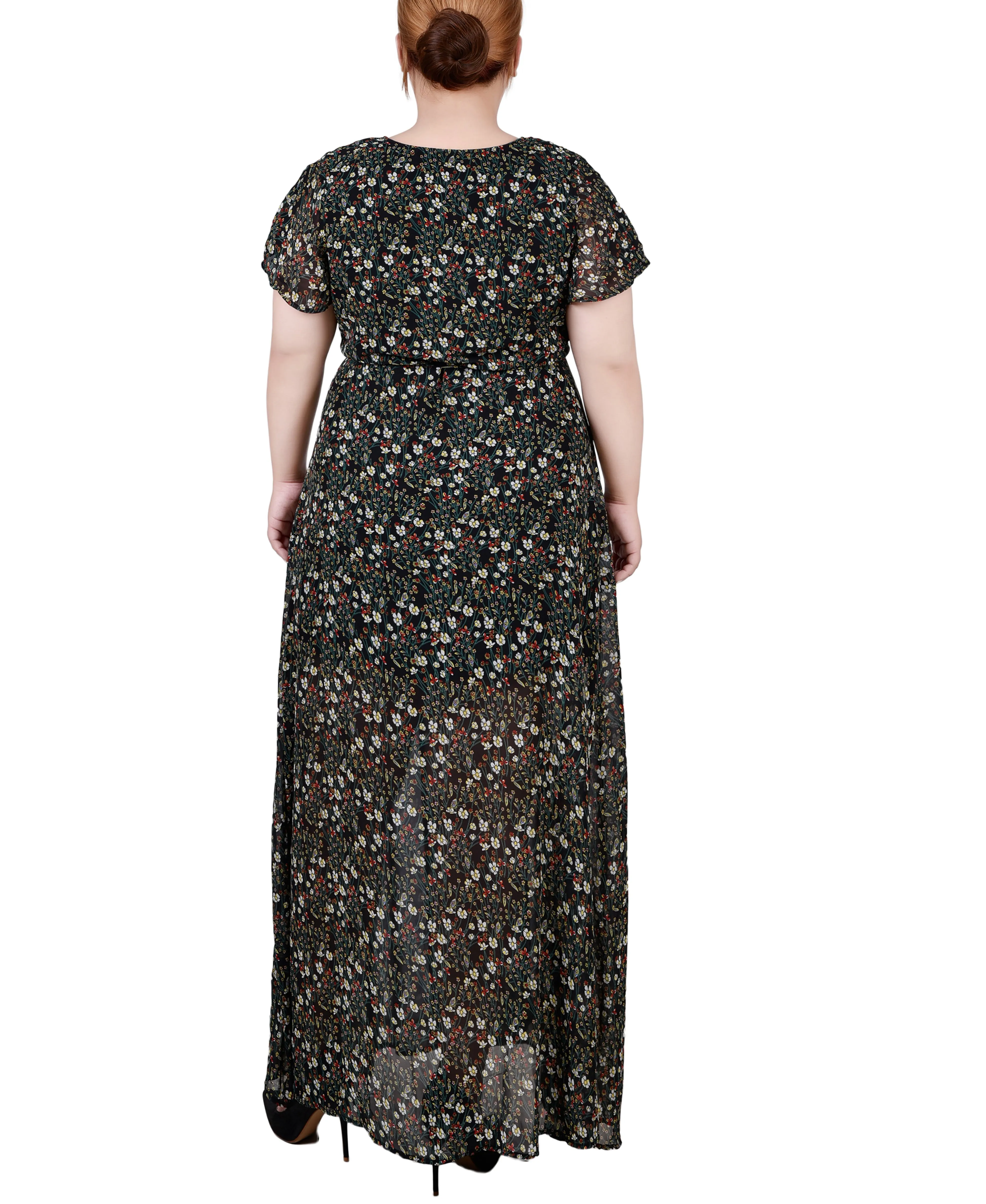 Plus Size Short Sleeve Tie Closure Wrap Chiffon Maxi Dress