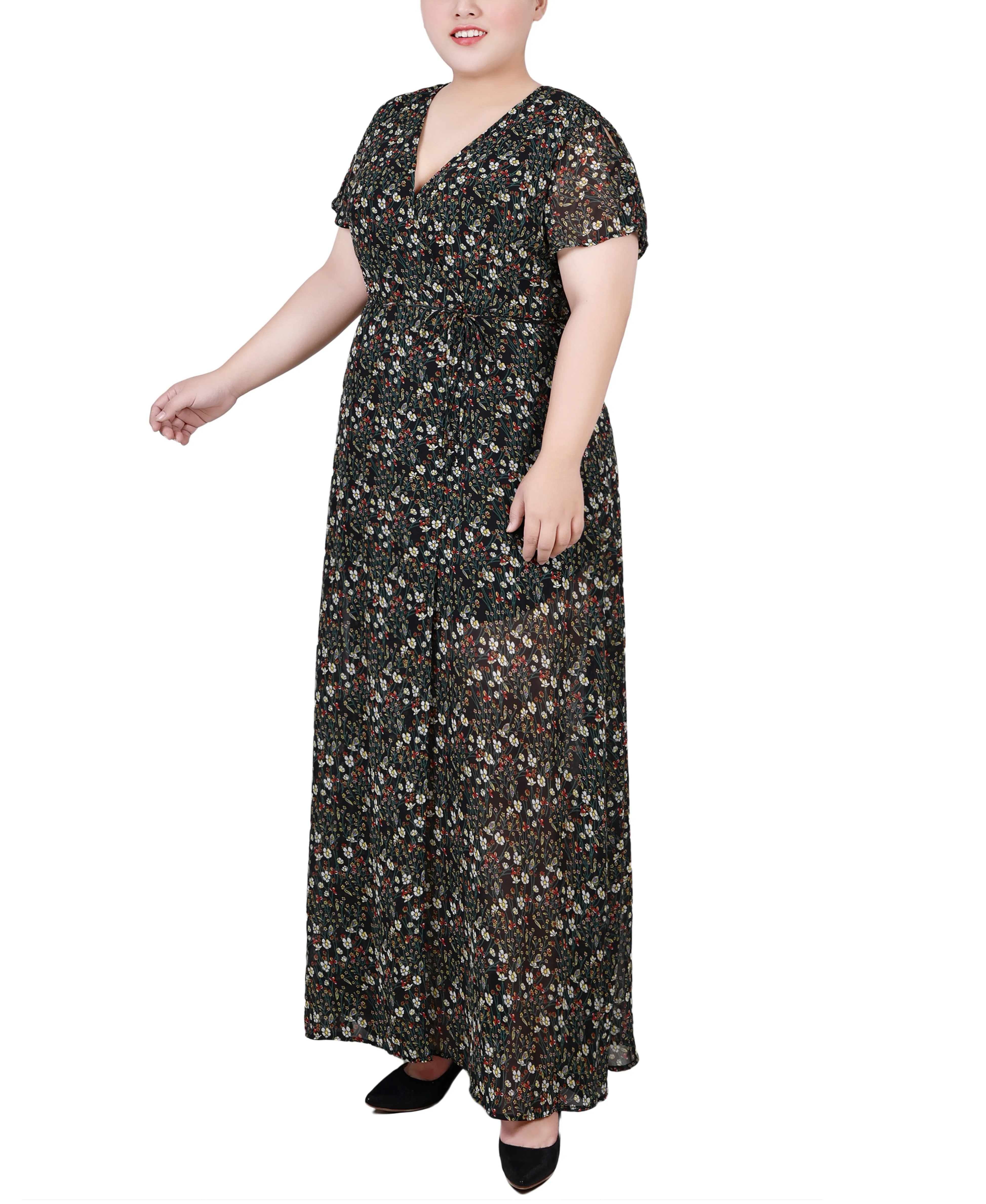 Plus Size Short Sleeve Tie Closure Wrap Chiffon Maxi Dress