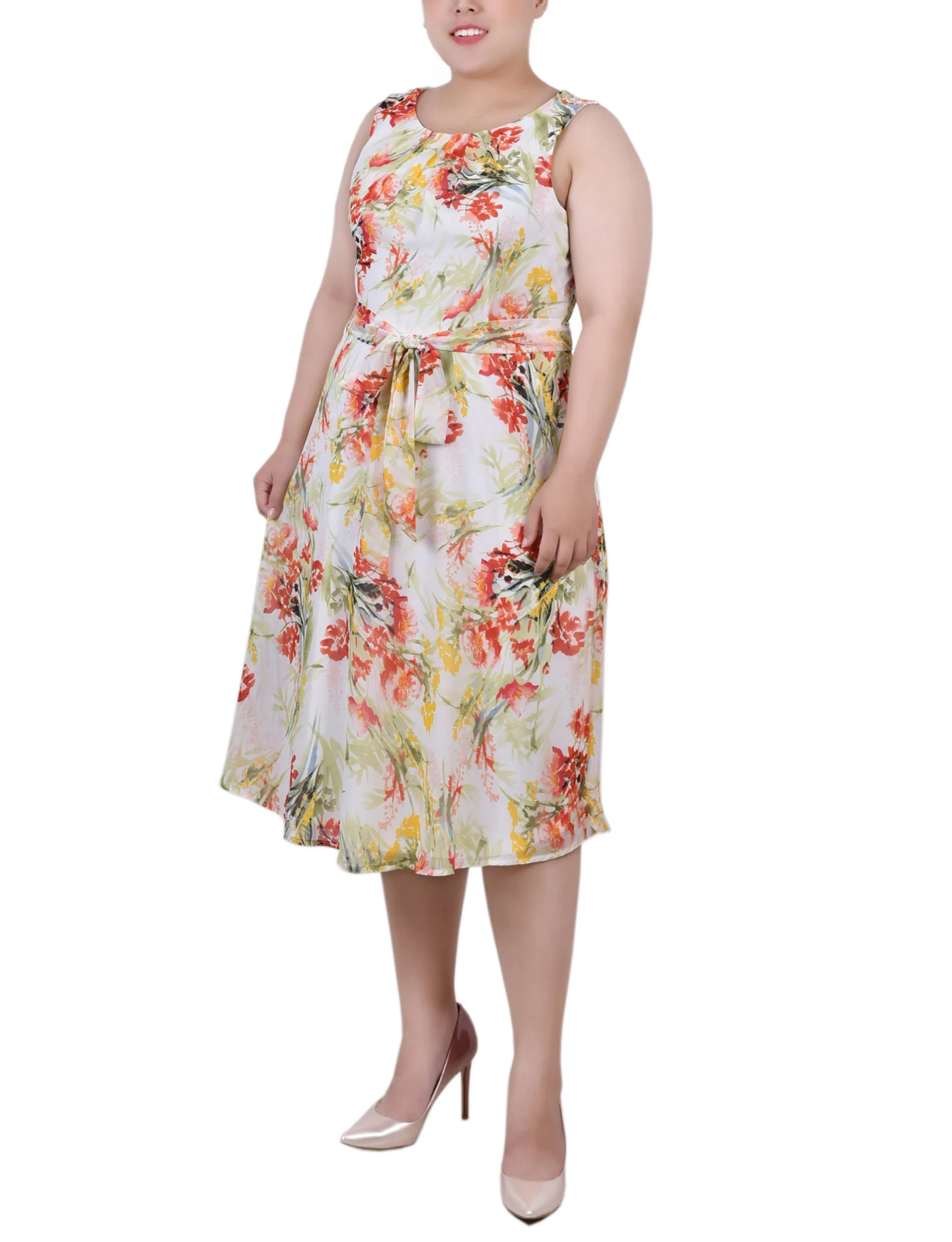 Plus Size Sleeveless Chiffon Belted Dress