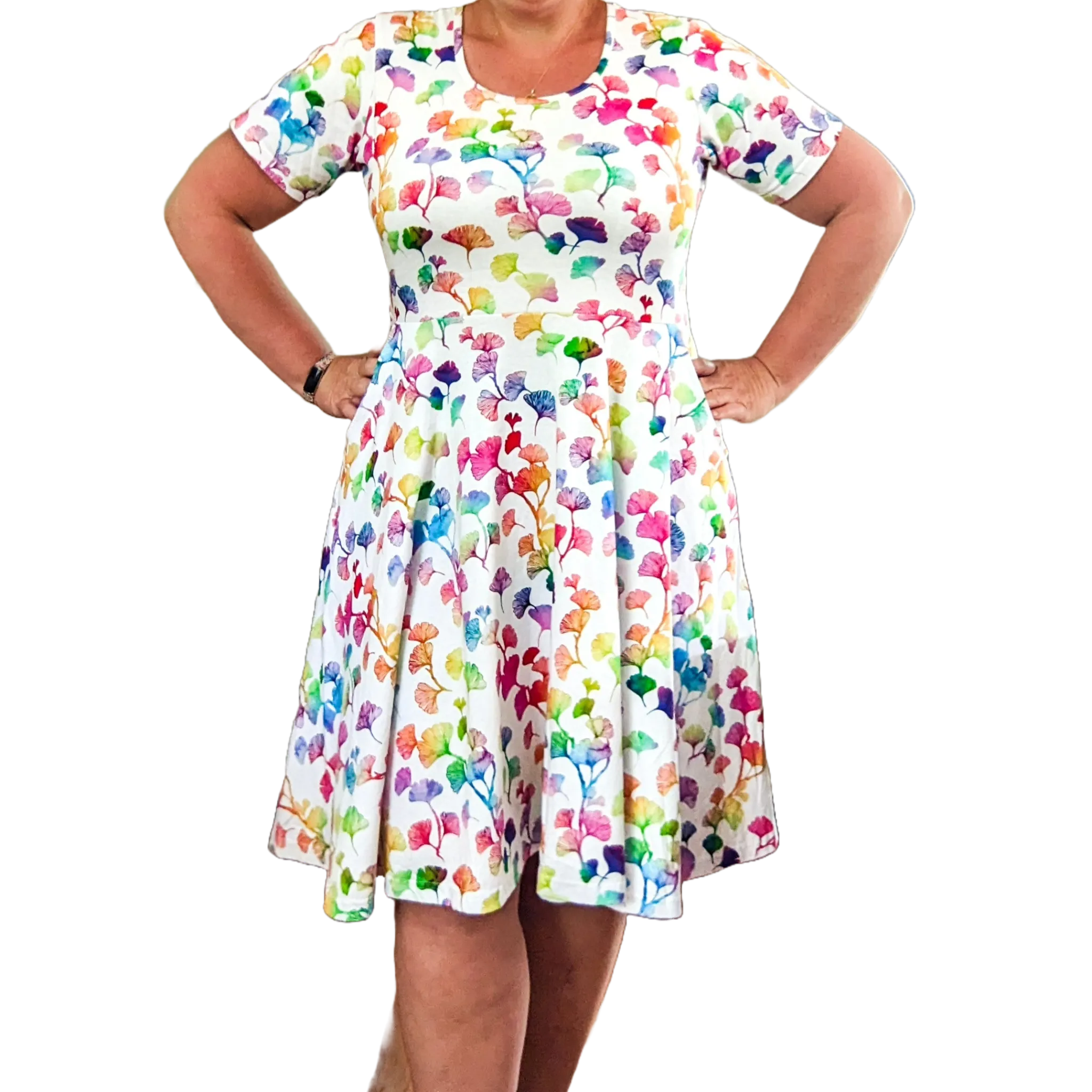 Rainbow Ginkgo Leaves Twirl Dress