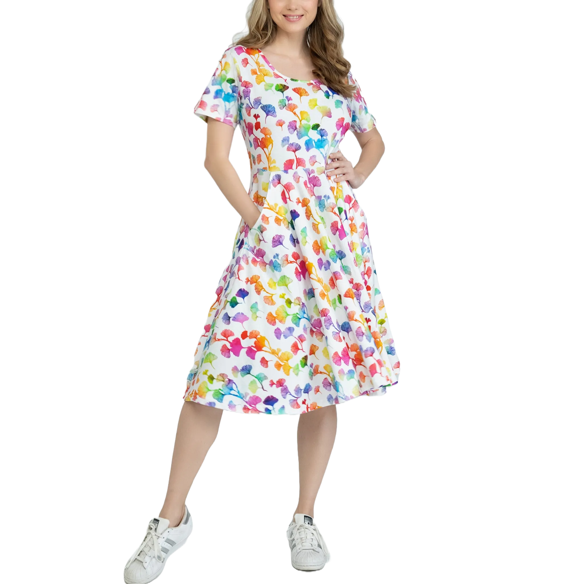 Rainbow Ginkgo Leaves Twirl Dress