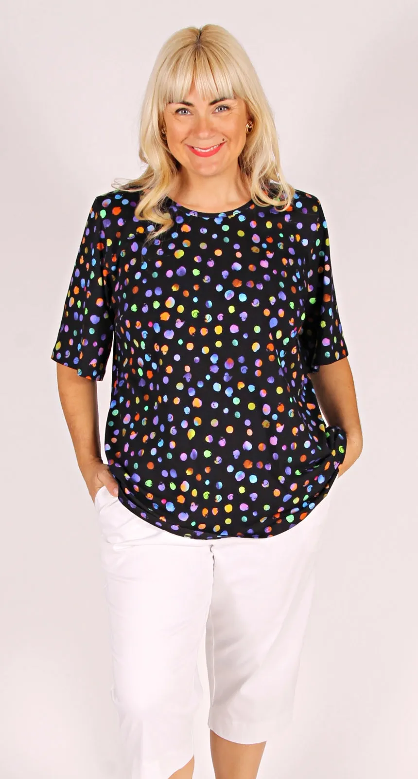 Rikki Round Neck Top Multi Spots on Black Cotton