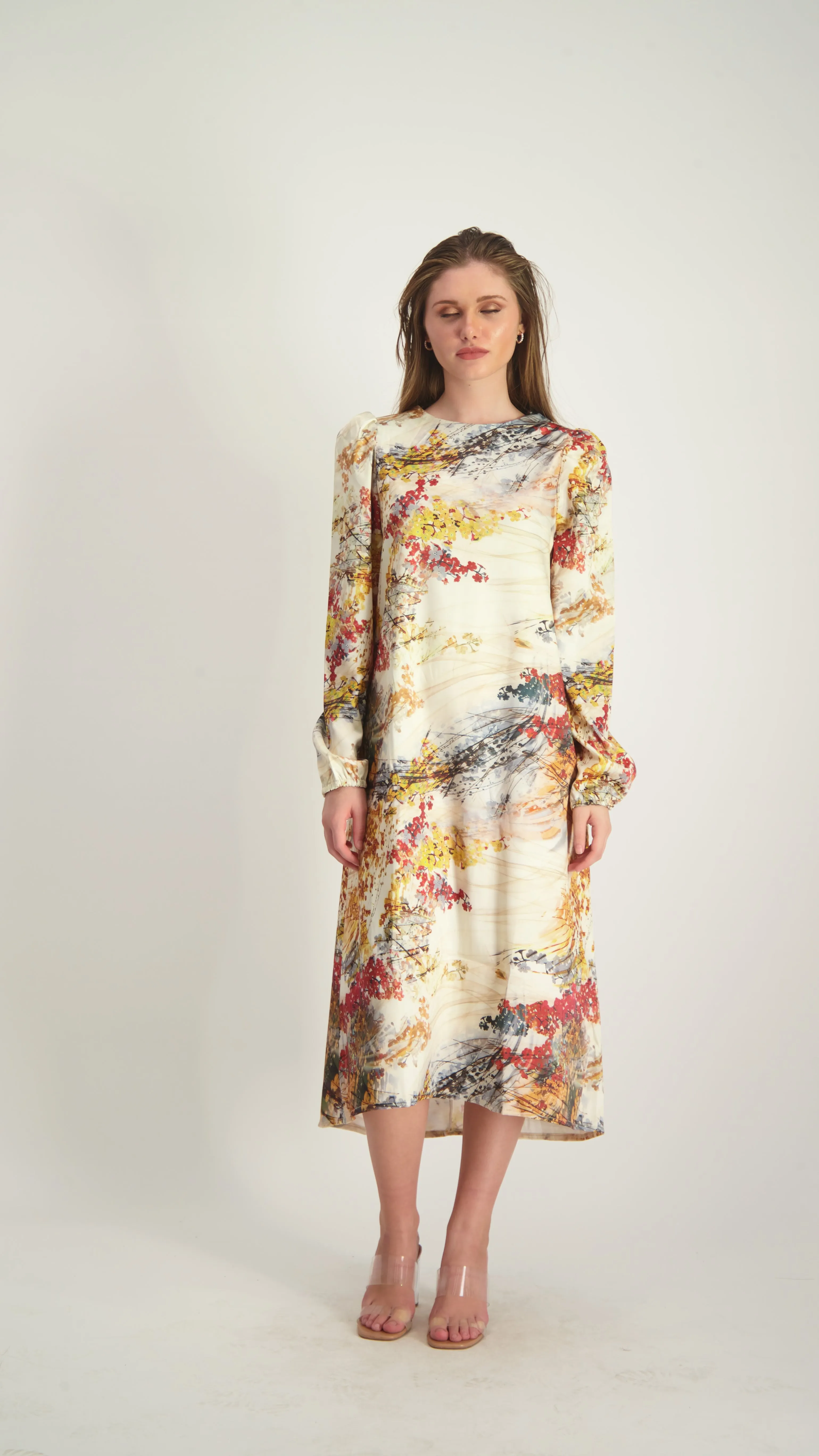 Satin A-line Dress with belt / Flowers