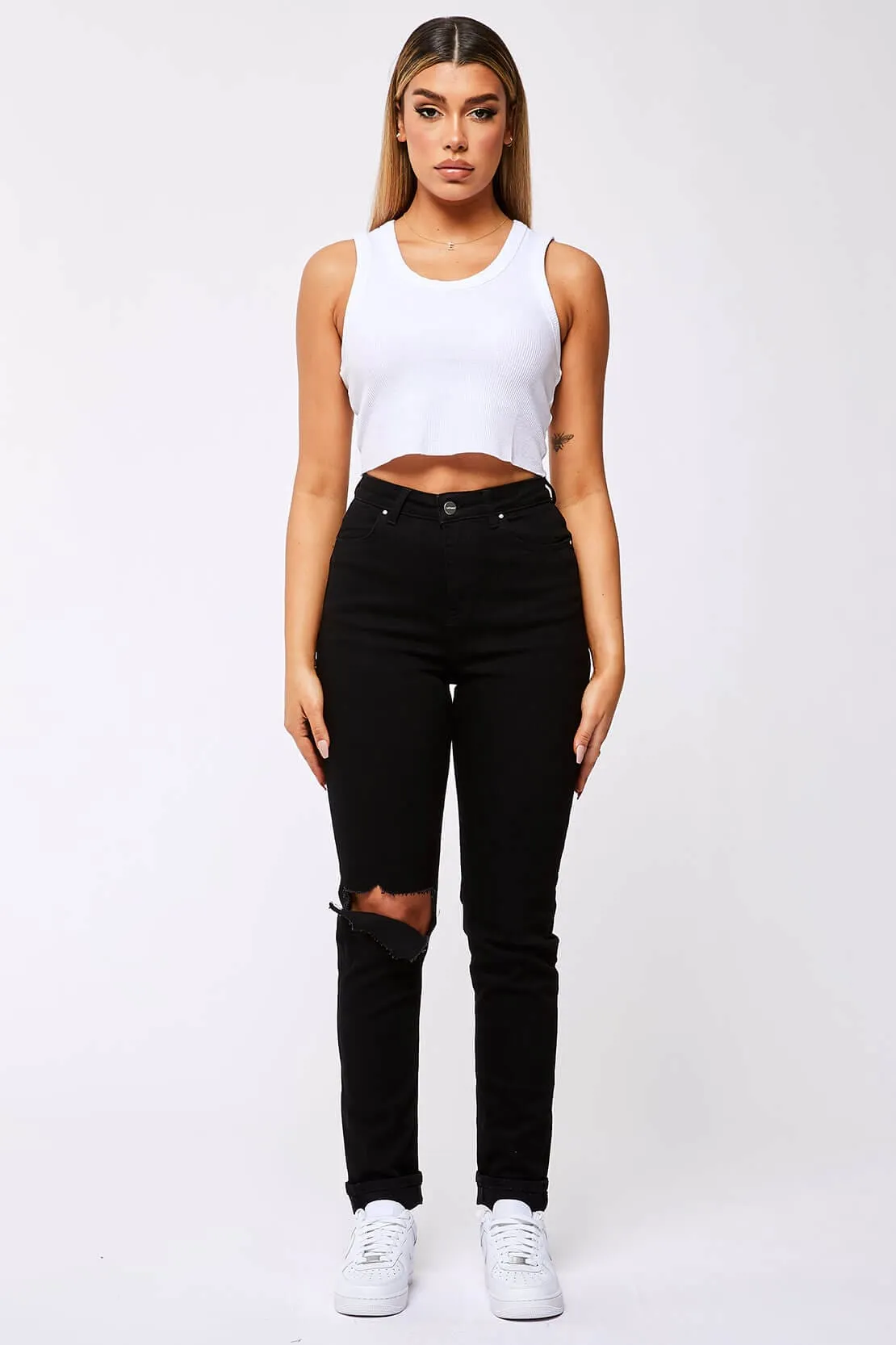 STRAIGHT LEG JEANS - BLACK DESTROYED KNEE